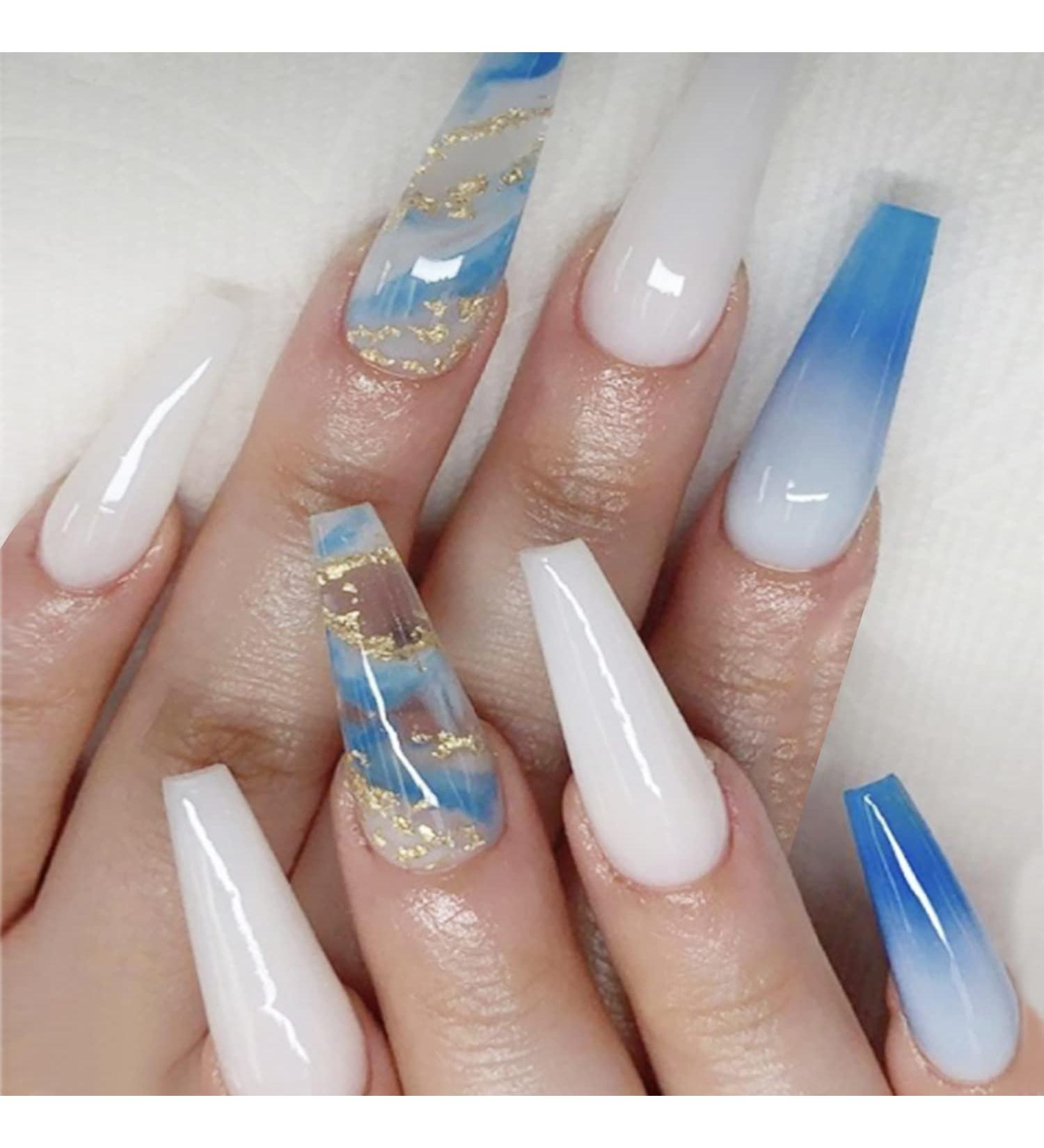 Gradient Blue White Gold Foil Fake Nails - 24Pcs Square Full Cover Long Press-on Nails for Women - Acrylic Glossy False Nails with Designs and Glue-On Technology - Buy Online on SooperMarket.com