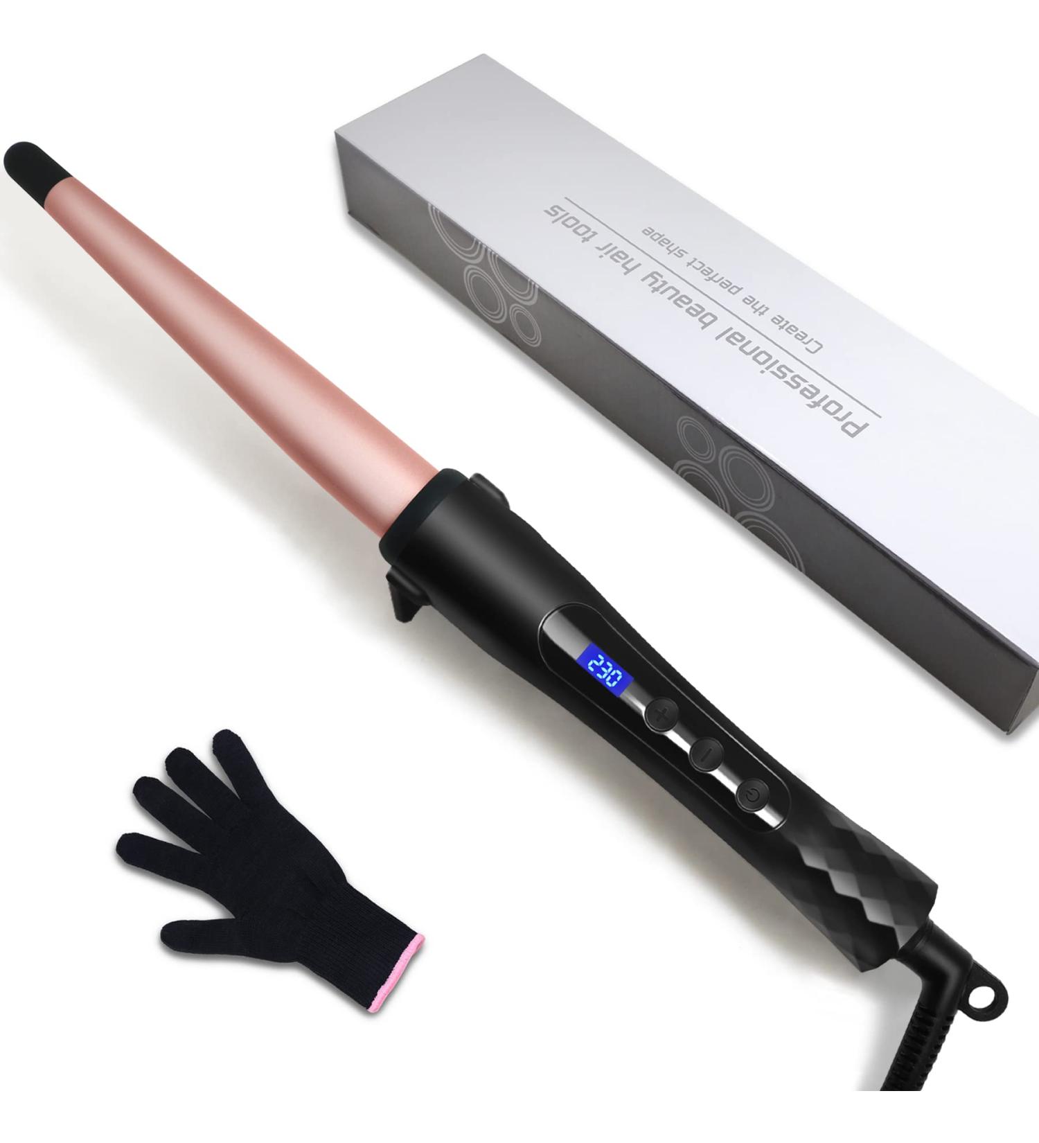 1/2-1 Inch Tapered Curling Iron | Ceramic Hair Curler Wand | Adjustable Temperature | Heat Resistant Glove | Rose Pink - Buy Online on SooperMarket.com