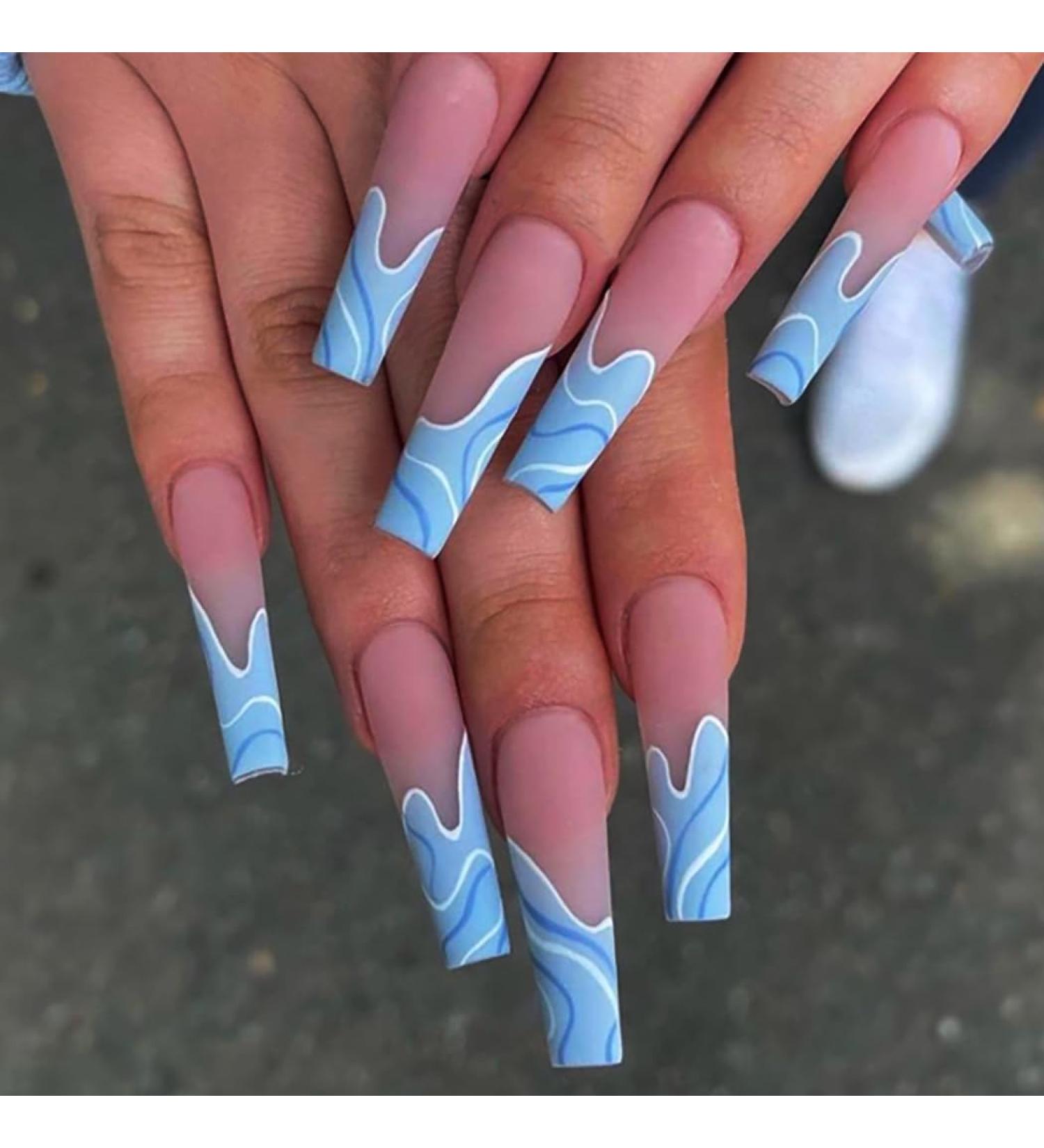Brishow Long False Nails - Wave Press On Nails 24pcs for Women & Girls (Blue) - Trendy Artificial Nails for Easy Application & Stunning Look - Buy Online on SooperMarket.com