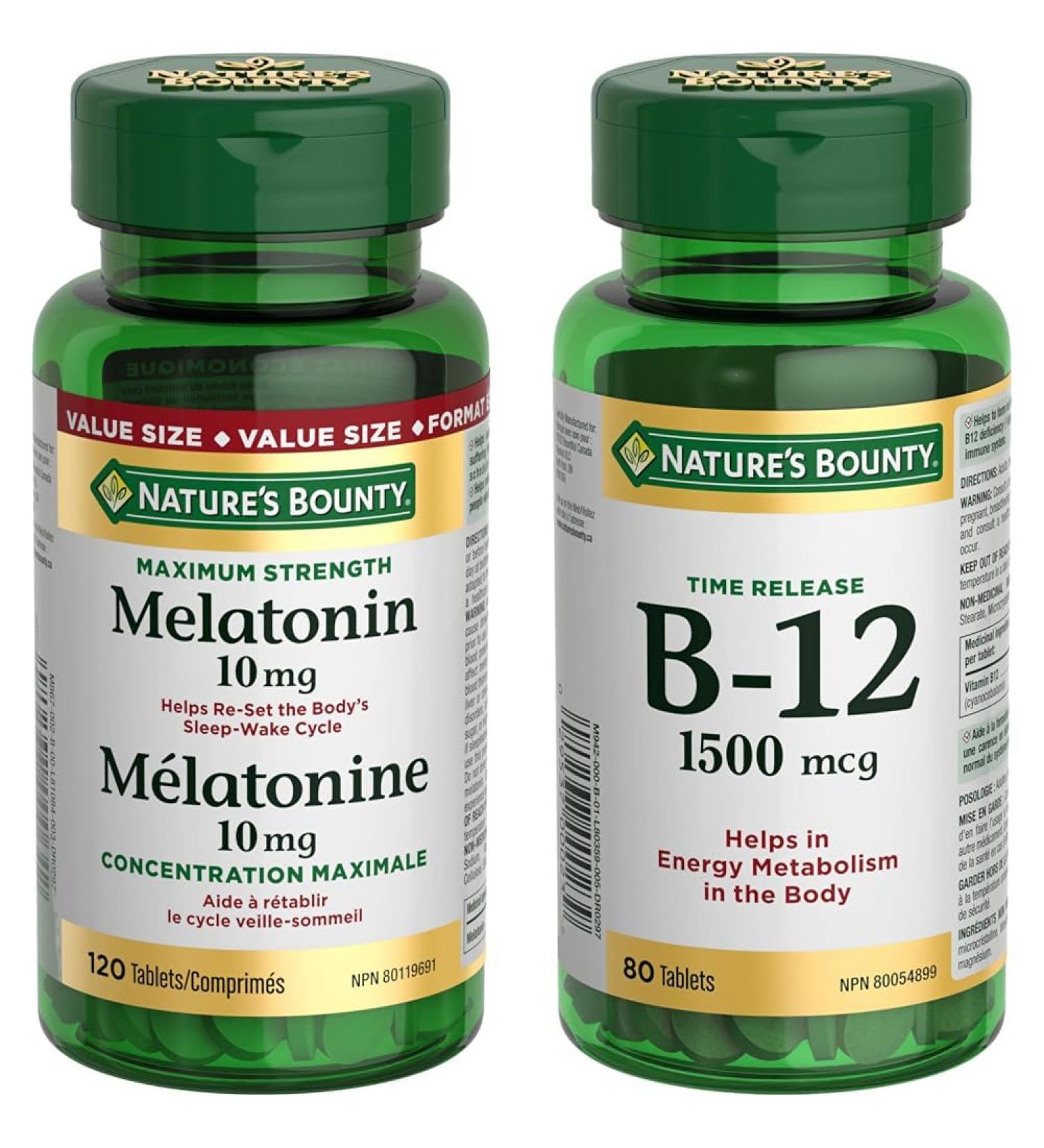 Nature's Bounty Melatonin 10mg 120 Count Value Size Helps Reset Body's Sleep-Wake Cycle Reduce Effects of Jet-lag Reduce Time it Takes to Get to Sleep & Time Release Vitamin B-12 Tablet 1500 mcg - Buy Online on SooperMarket.com