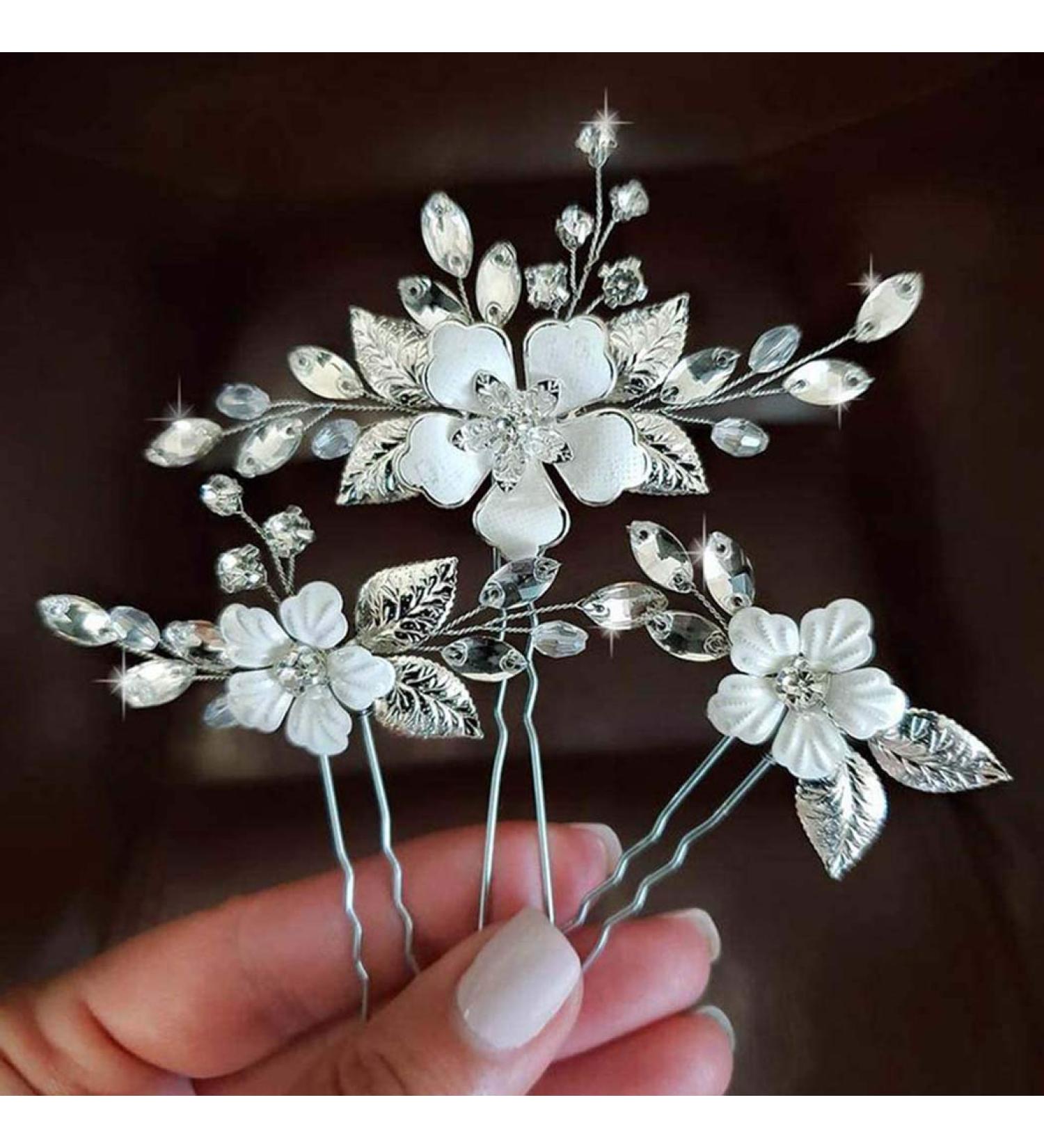Bride Wedding Silver Crystal Hair Pins - 3 Pack Bridal Headpieces for Women and Girls - A-Silver - Buy Online on SooperMarket.com