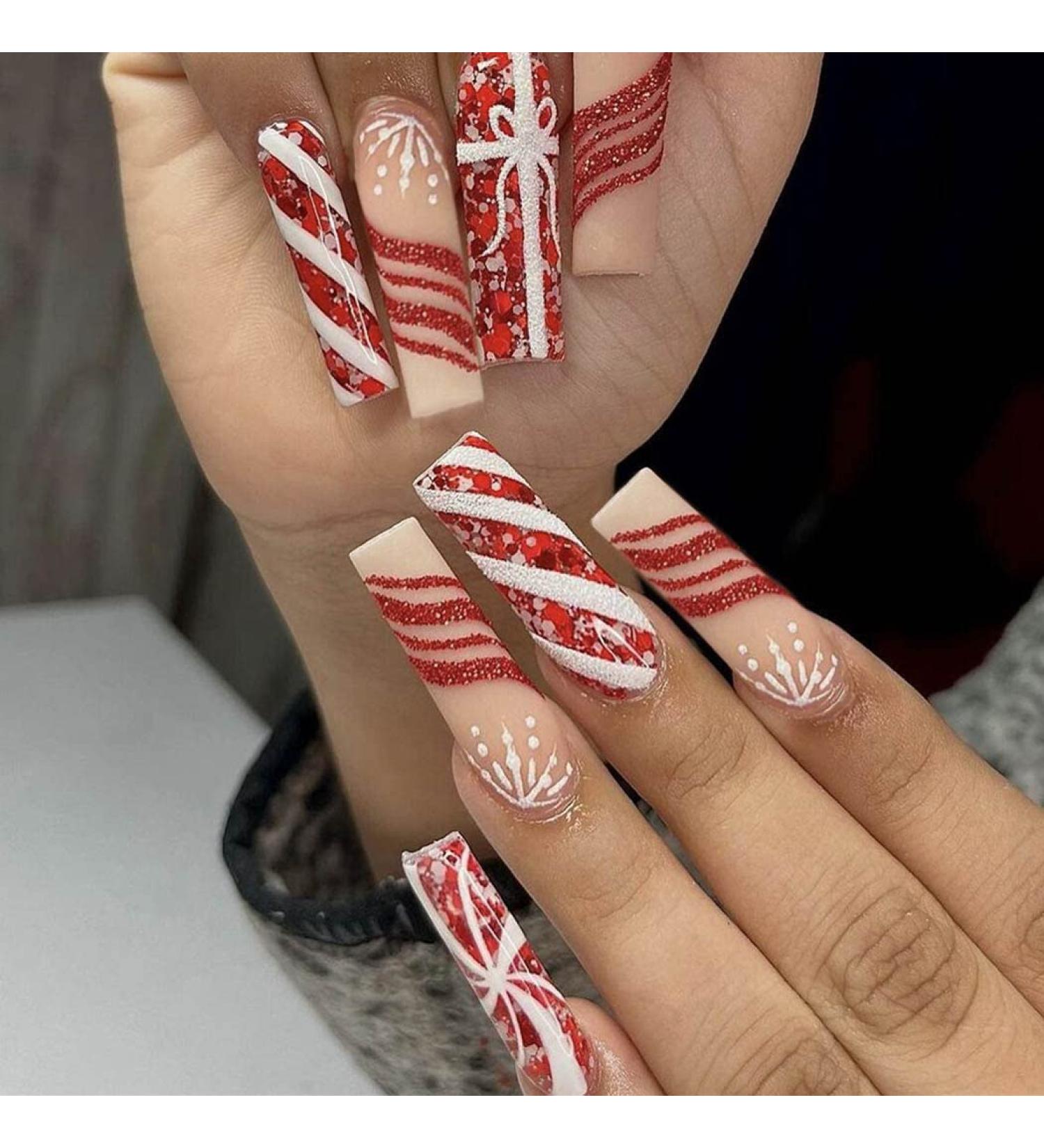 Vatocu Christmas Snowflake Glitter Press on Nails - 24pcs Long Ballerina Fake Nails for Women and Girls - Buy Online on SooperMarket.com
