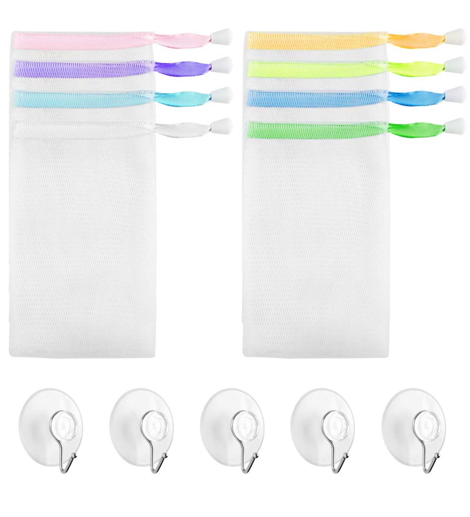 8 Pieces Soap Net Bag with 5 Pack Suction Hook Mesh Soap Saver Bags Soap Pouch Double Layer Foaming Net with Drawstring for Foaming Drying Soap - Buy Online on SooperMarket.com