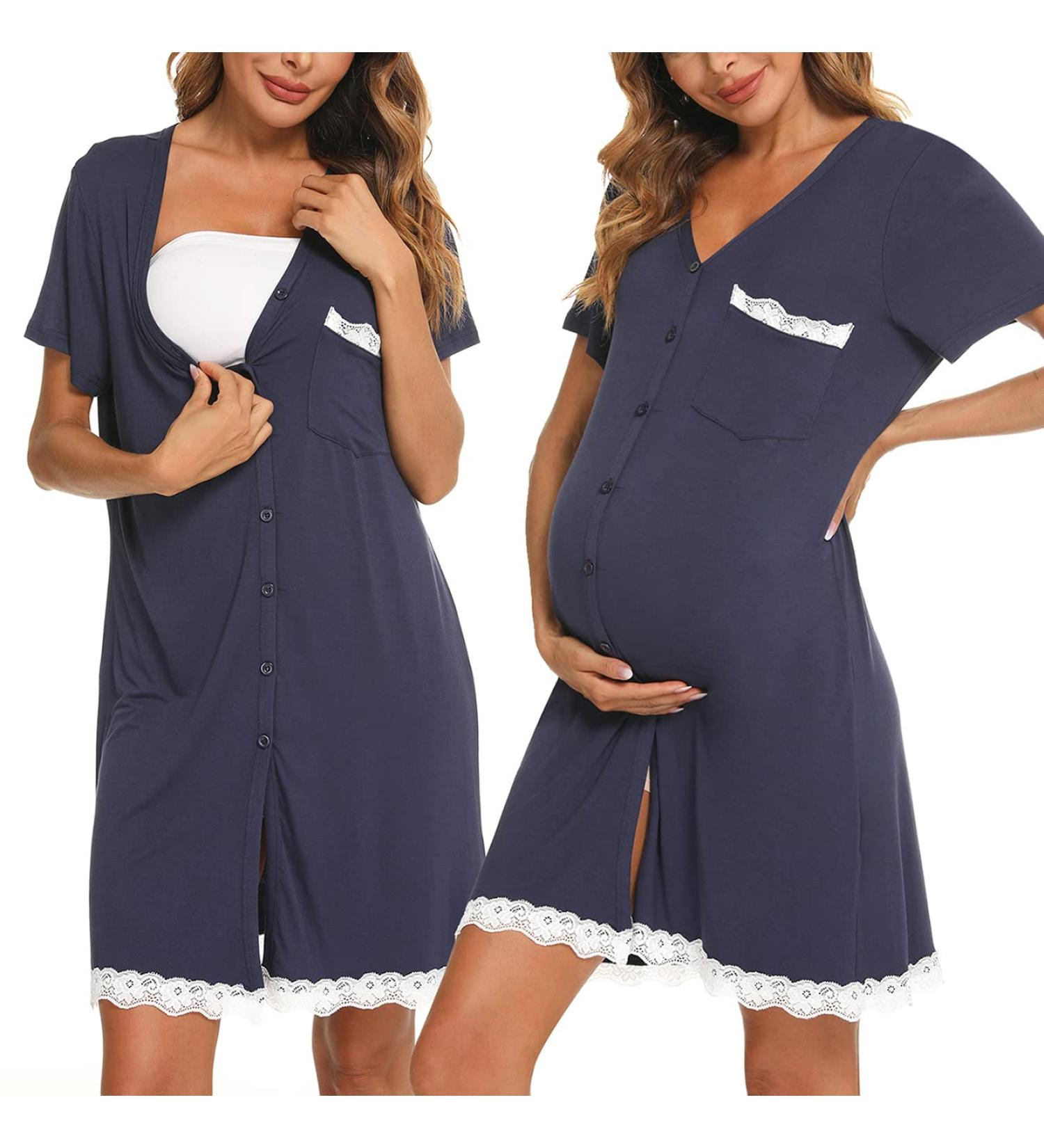 Uniexcosm Maternity Nursing Nightdress - Short Sleeve Button Down Nightgown in Dark Blue Stripe | Soft and Comfortable Maternity Pyjamas and Nightshirt for Women - Buy Online on SooperMarket.com