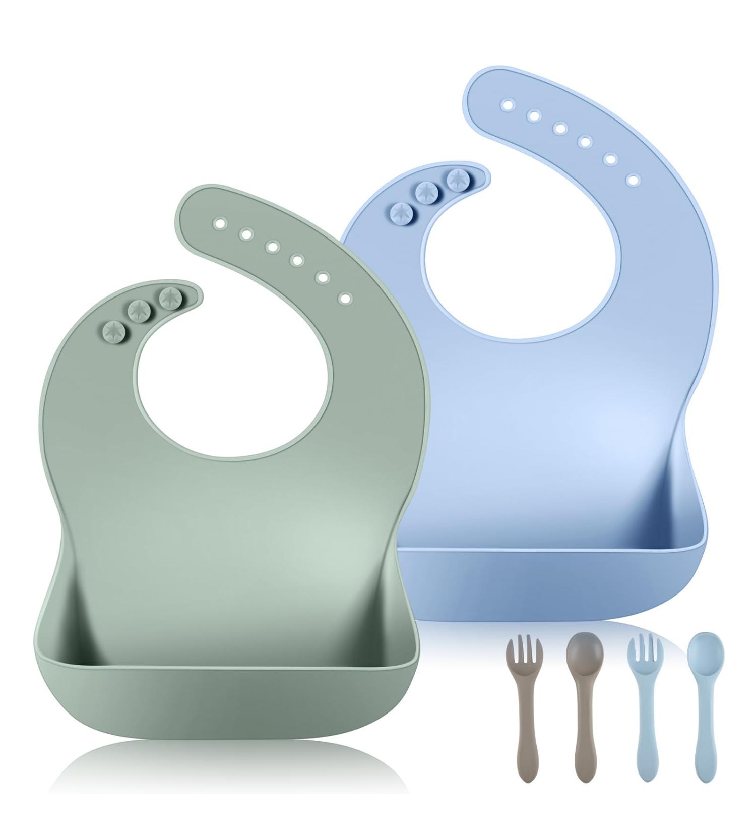 Vicloon Silicone Baby Bib 2PCS | Waterproof Baby Feeding Bibs with Fork Spoon | Adjustable & Easy to Clean | Wide Food Catcher Pocket | Unisex Toddler Bibs - Blue-Dark Green - Buy Online on SooperMarket.com