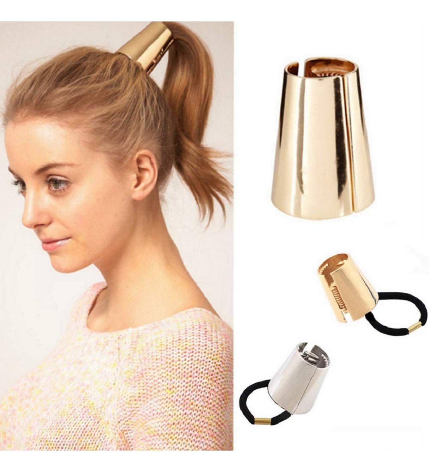 Gothic Punk Metal Hair Ties Set - 2PCS Ponytail Holders with Hair Cuff Clips in Gold and Silver - Hair Accessory for Women and Girls - Buy Online on SooperMarket.com