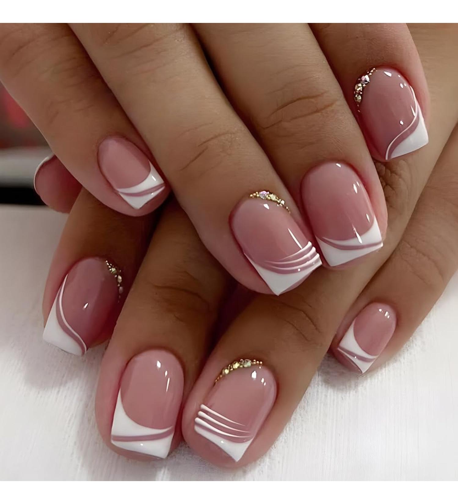False Nails Short French Stick on Nails 24pcs Square Pink Press On Nails with Glue Elegant Design Sweet Fake Nails for Women Girls (Sweet French) - Buy Online on SooperMarket.com