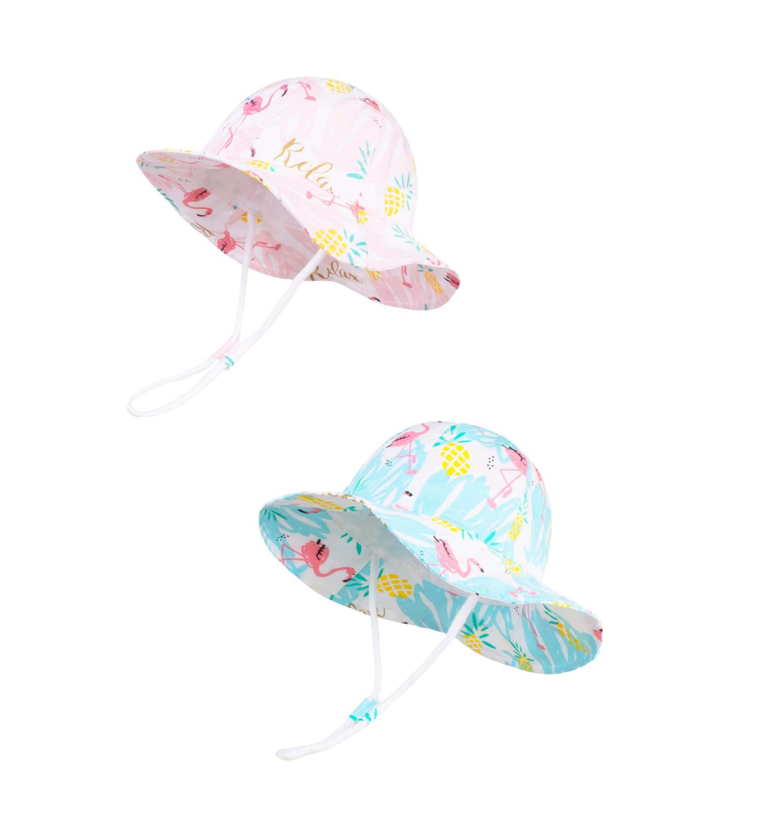 LANGZHEN Baby Girls Beach Sun Hat | Adjustable Toddler Kids Wide Brim Play Hat | Flamingo-Pink+Blue 6-12 Months - Buy Online on SooperMarket.com