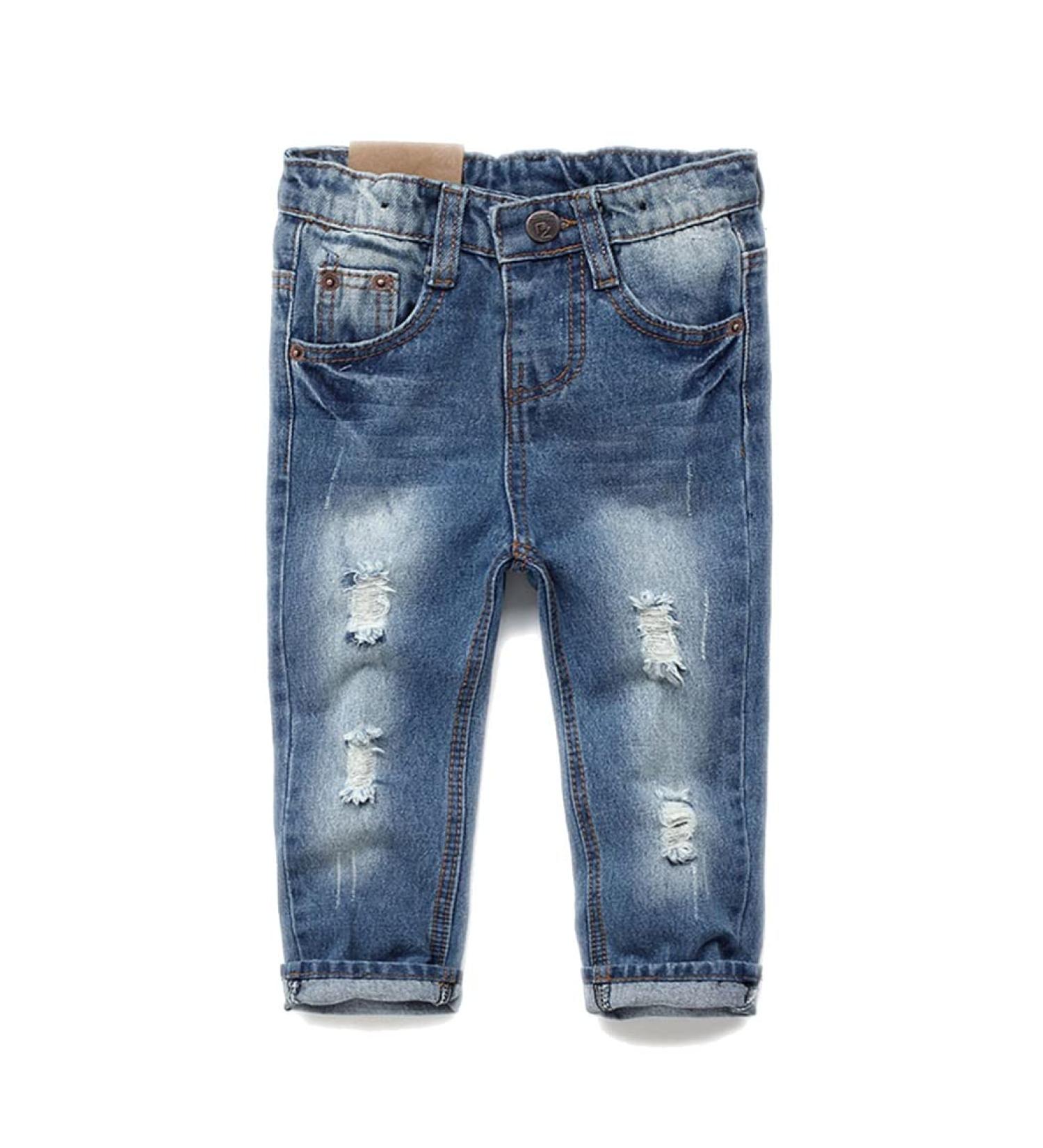 KIDSCOOL SPACE Baby Girl Boy Slim Jeans | Elastic Waist Ripped Denim Pants | 6-12 Months | Blue - Buy Online on SooperMarket.com