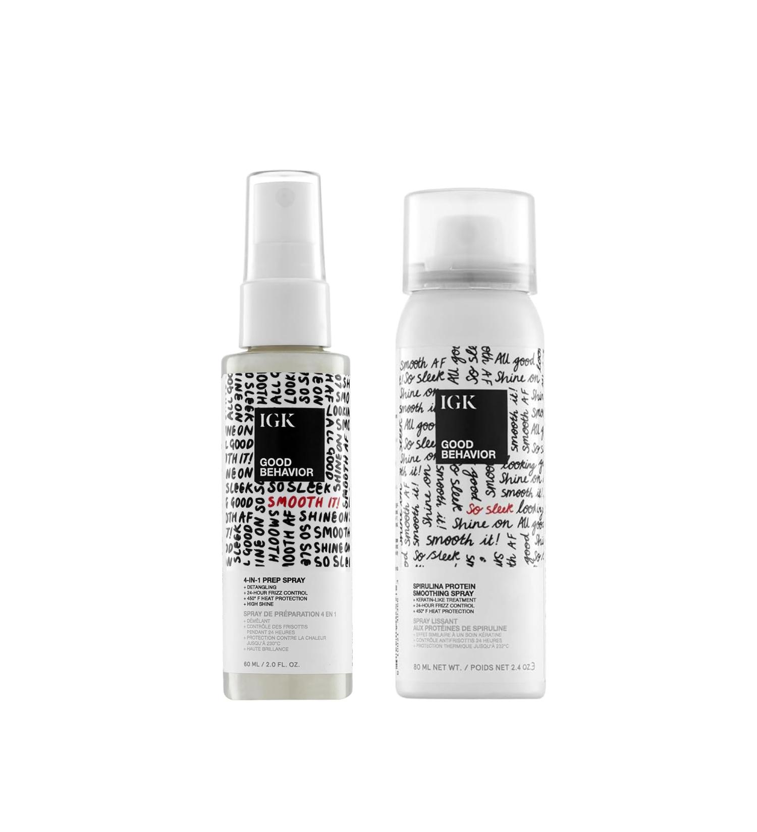 IGK GOOD BEHAVIOR Smoothing Frizz Fighters Travel Set | 4-in-1 Prep Spray + Spirulina Protein Smoothing Spray | Frizz Control + Heat Protectant | Vegan + Cruelty Free Good Behavior 2 Fl Oz + 2.4 Fl Oz (Pack of 2) - Buy Online on SooperMarket.com