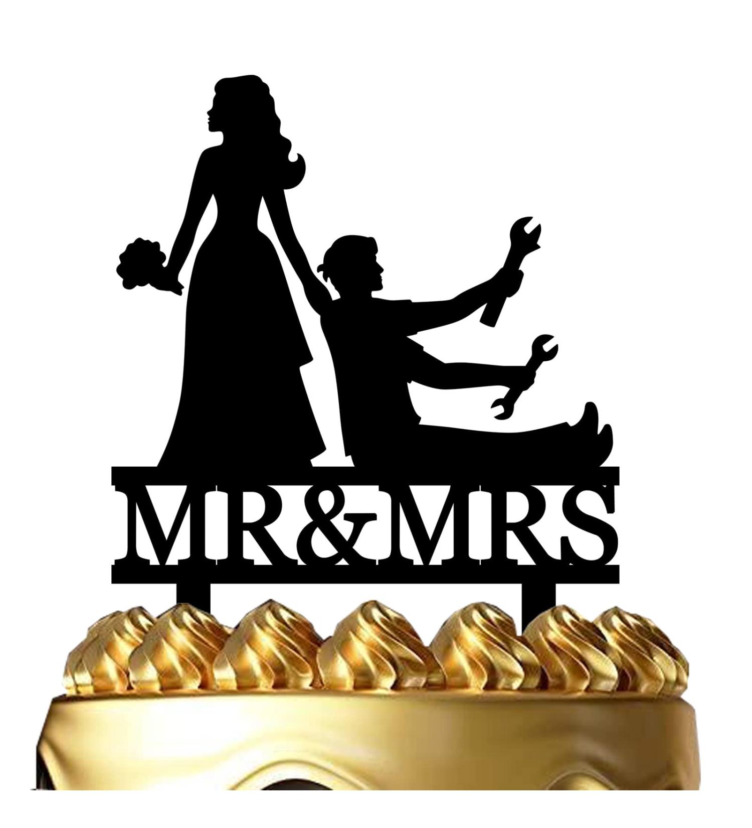 Funny Wedding Cake Topper - Bride Dragging Groom who is holding Repair Tools - Repairman Couple Cake Topper Mr&Mrs Wedding Cake Topper (Repairman Couple) - Buy Online on SooperMarket.com