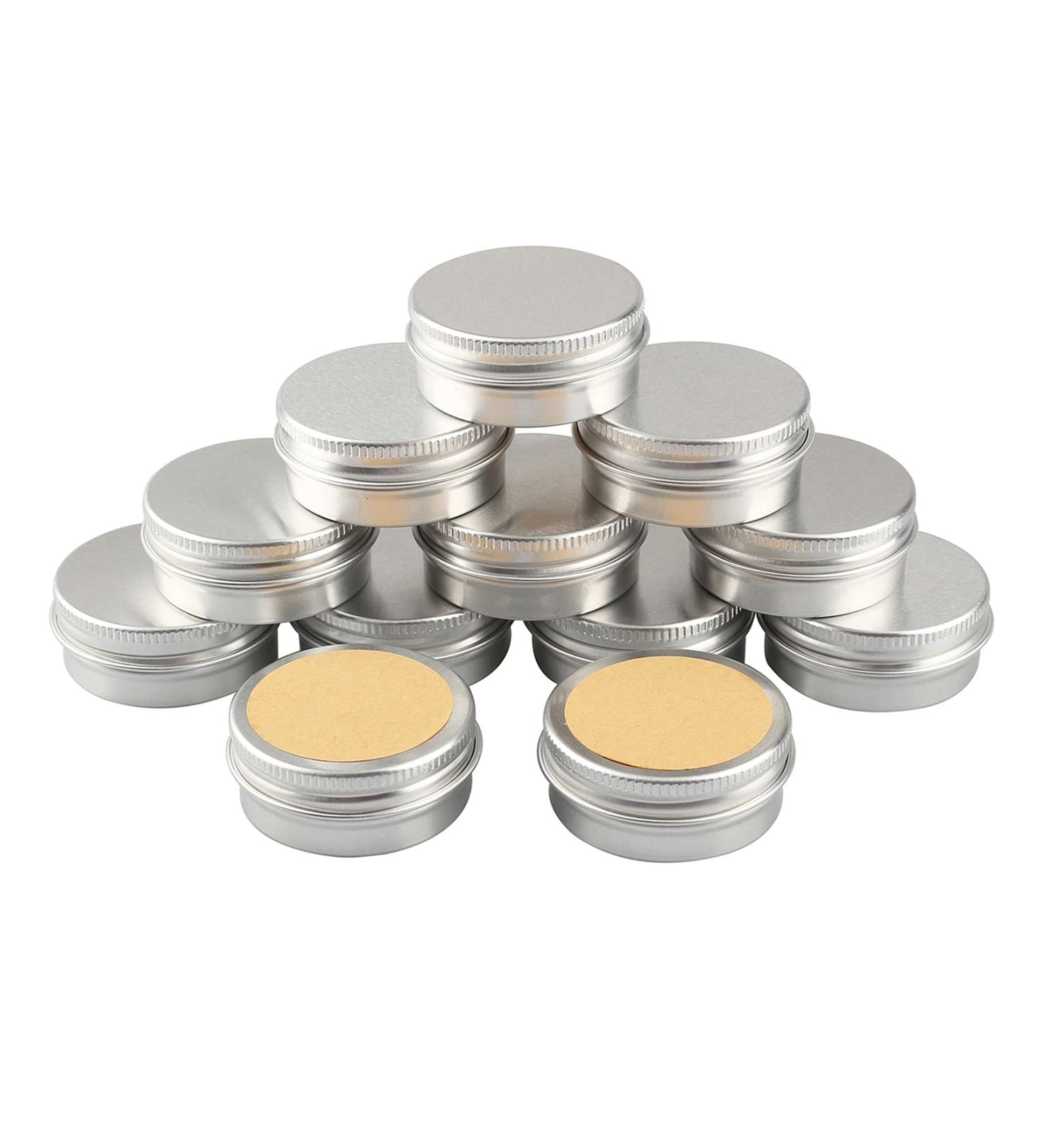 Basic Packing: 12x 15ml Silver Aluminum Screw Cap Cans for Cosmetics - Durable Empty Round Dose Boxes with Stickers - Buy Online on SooperMarket.com