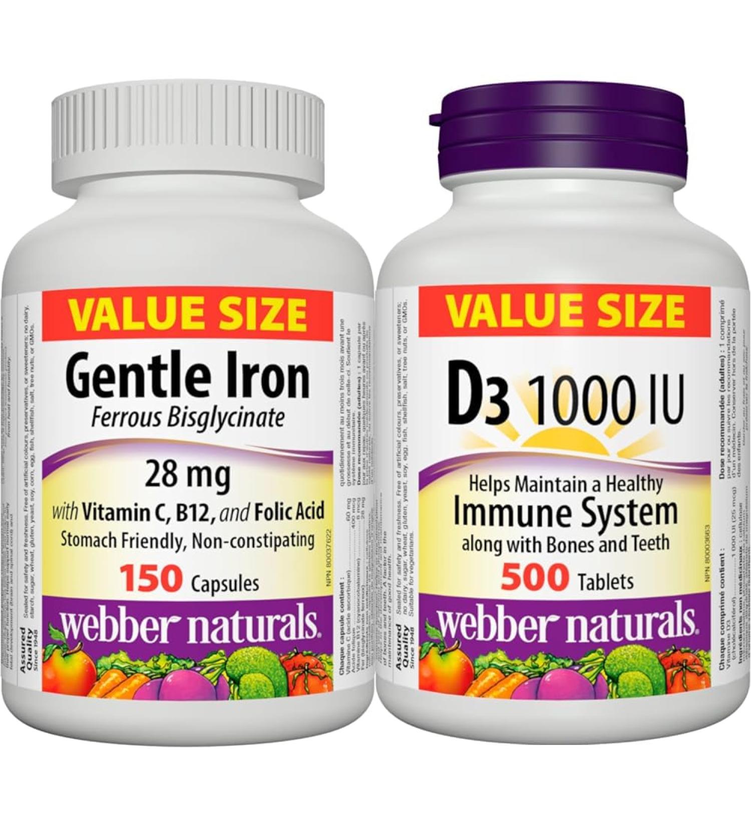 Webber Naturals Gentle Iron Supplement + Vitamin D3 1000 IU Bundle Nutritional Supplement + Vitamin D3 - Buy Online on SooperMarket.com