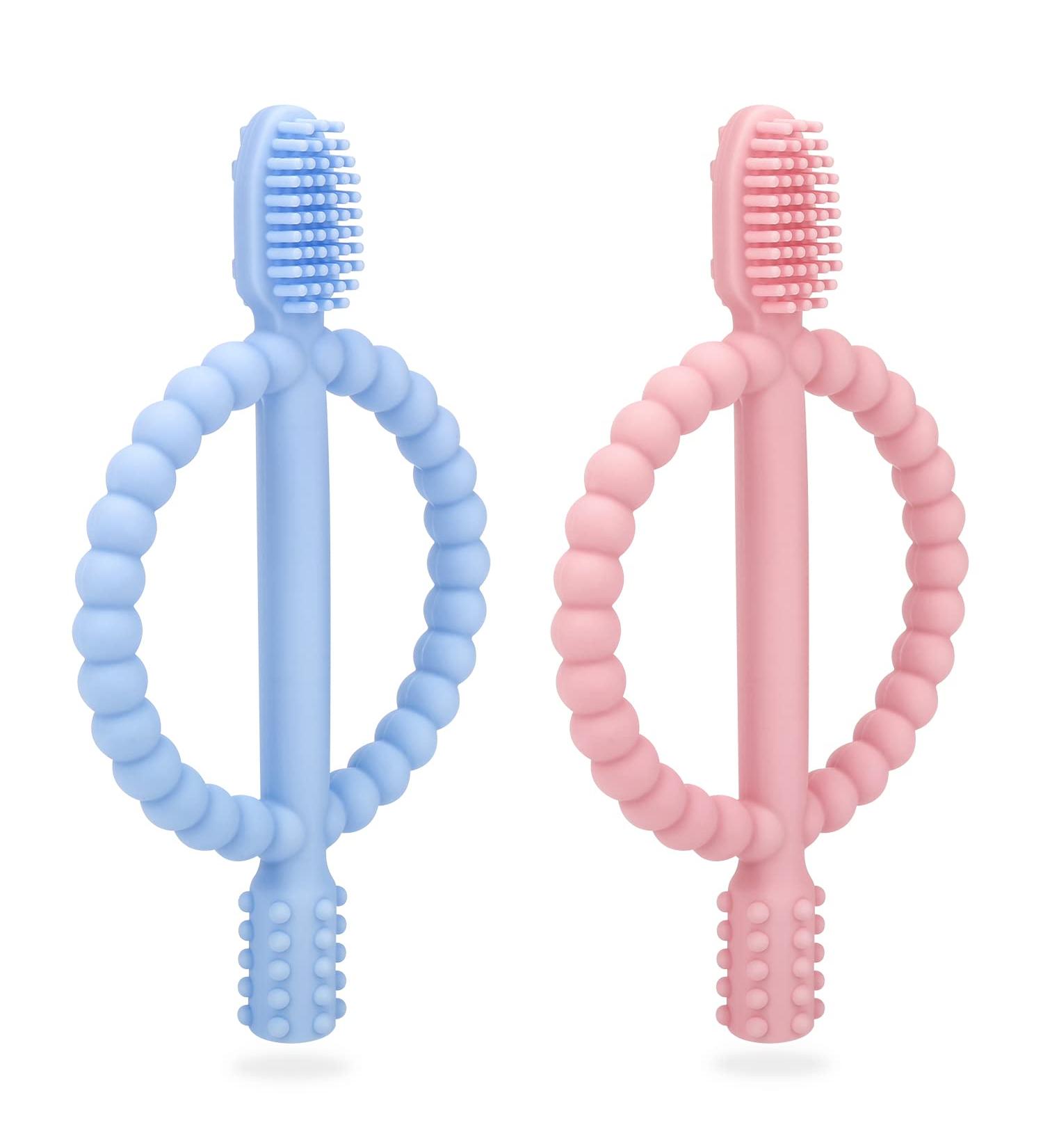 Buy BPA-Free Baby Biting Toys & Toothbrush Set - Soothing Silicone Teething Rings (Blue & Pink) for 3+ Months - Safe & Stimulating Gum Relief - Buy Online on SooperMarket.com