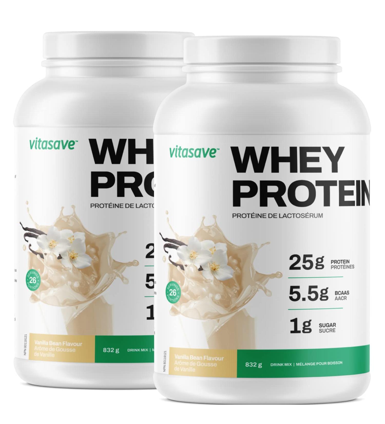 Whey Protein Powder by Vitasave 100% Whey Protein Powder 25g Protein Per Serving Grass-Fed Gluten-Free BCAAs Amino Acids - 26 servings 858g Tub (Vanilla Pack of 2) Vanilla Pack of 2 - Buy Online on SooperMarket.com
