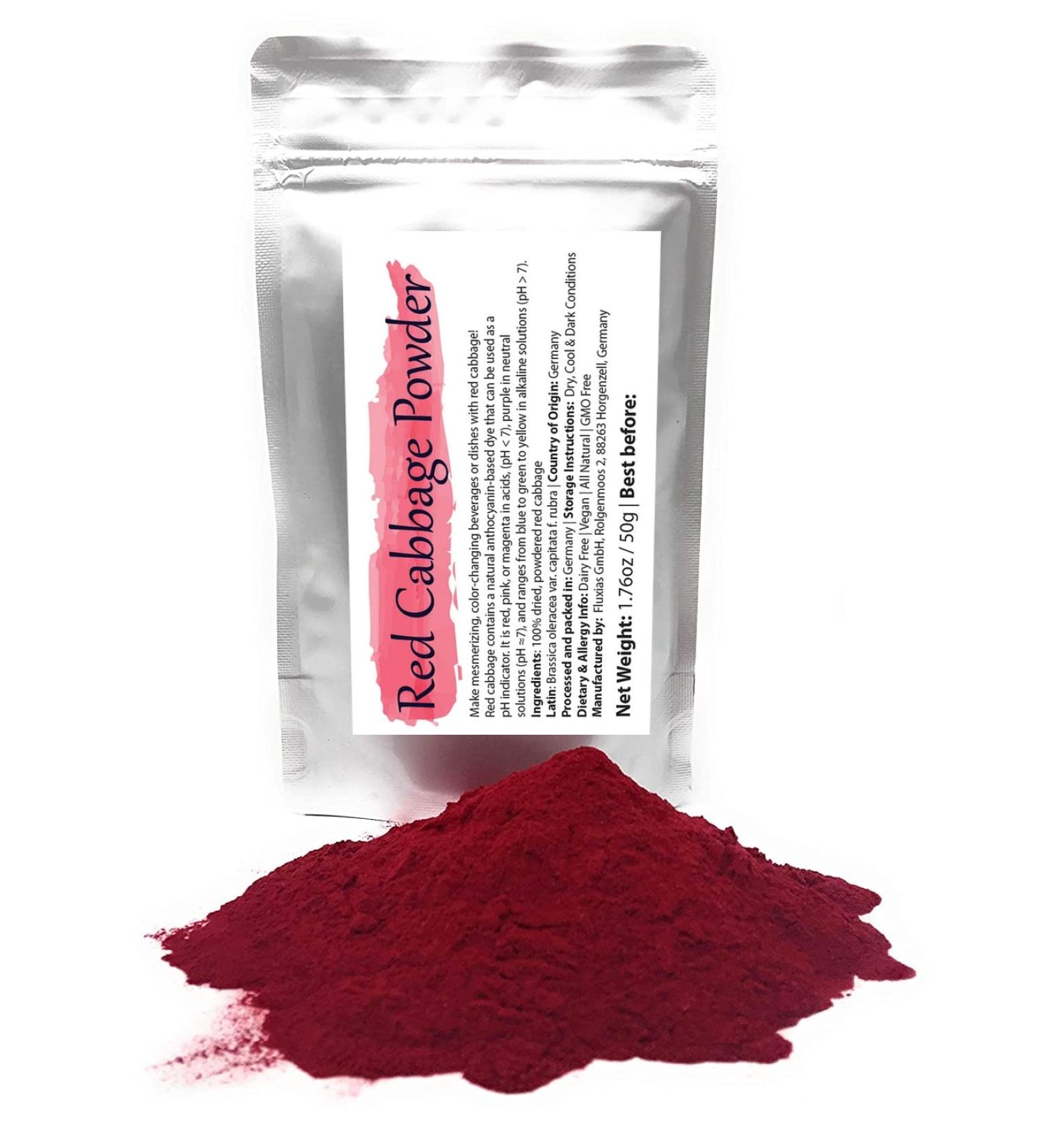 Red Cabbage Powder | Water Soluble Food Dye | Net weight: 1.76oz/50g - Amazing in the Kitchen or for Cocktails! Makes Colour-changing Beverages and Dishes in Red Or Magenta Pink Purple Blue - Buy Online on SooperMarket.com