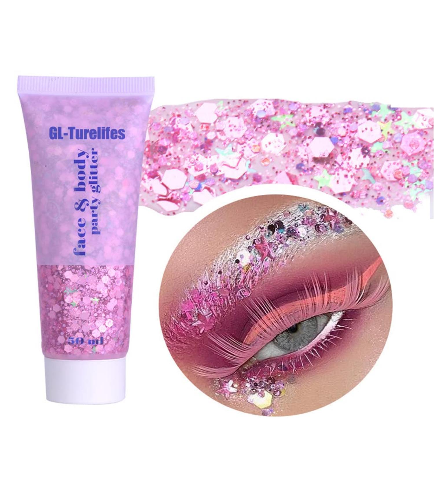GL-Turelifes Chunky Glitter Gel 50ml - Festival Cosmetic Glitter for Face, Hair, Nails - Long Lasting & Sparkling - Easy to Apply & Remove - Mermaid Sequins Liquid Eyeshadow - #03 Pink - Buy Online on SooperMarket.com