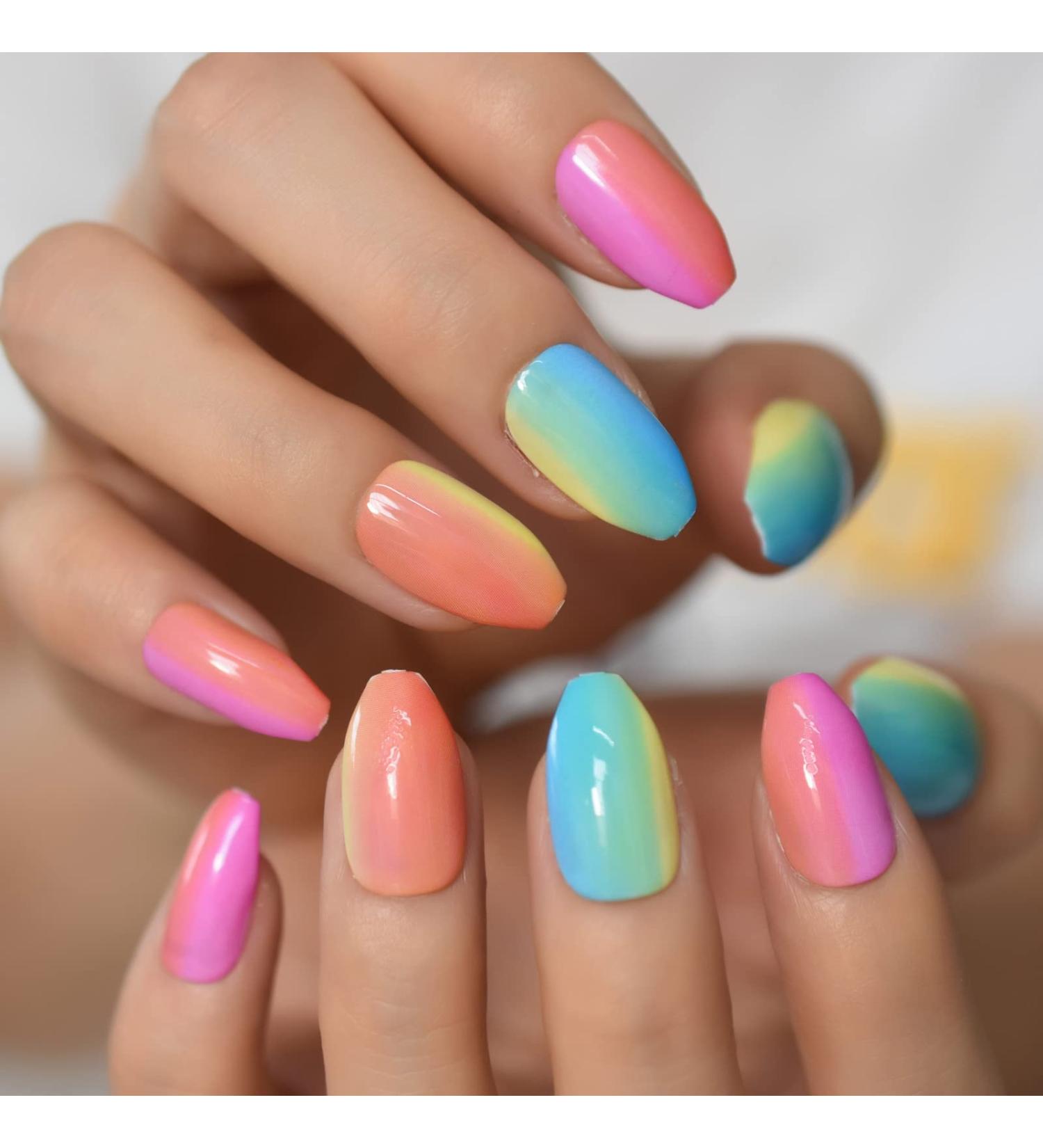 Buy Shiny Colorful Press On Nails | Ombr Rainbow Fake Nails Set - 24pcs Medium Size - Buy Online on SooperMarket.com