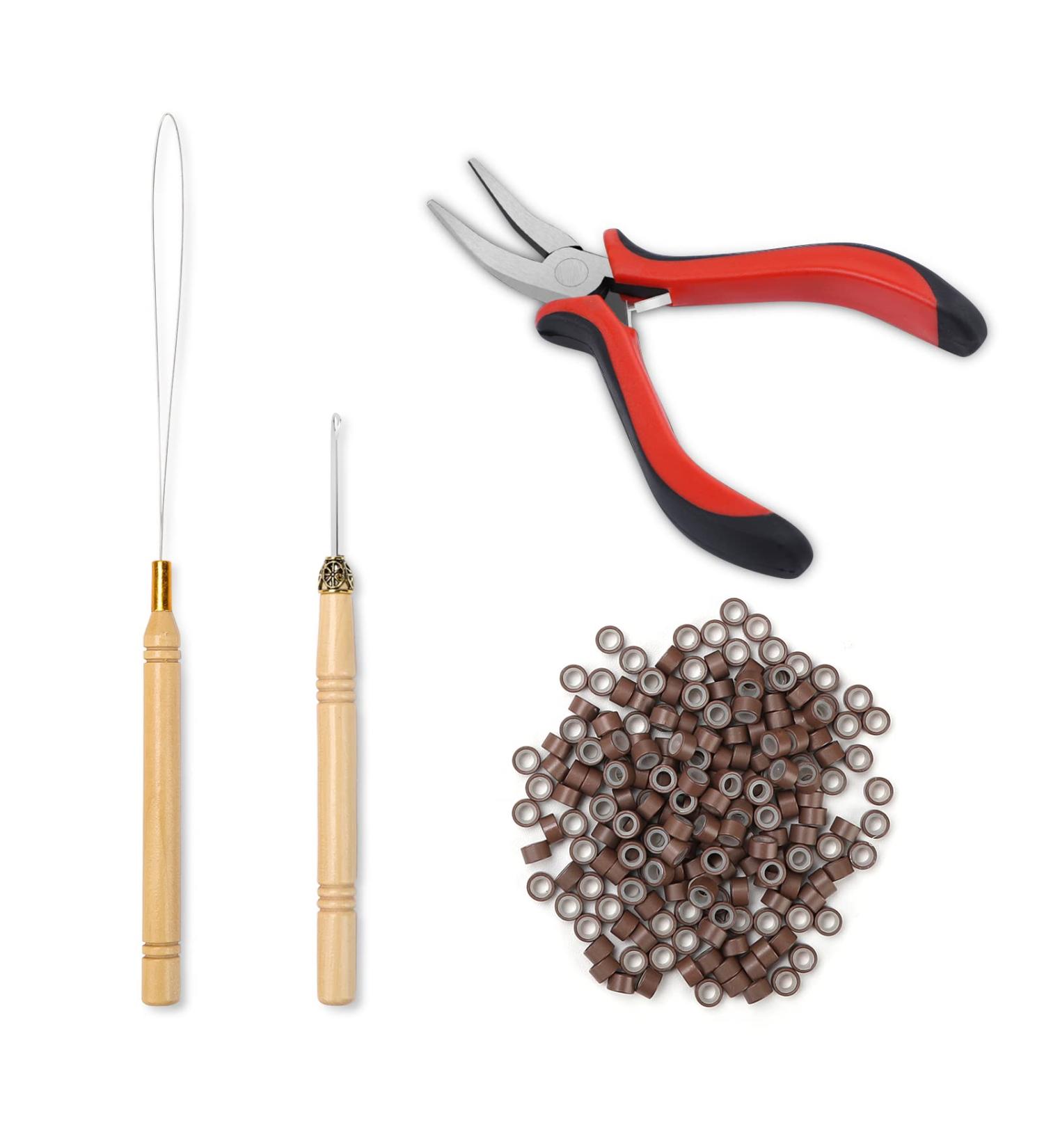 Professional Hair Extension Tools Kit with 200 Silicone Nano Beads - Hair Extension Pliers, Loop Threader - Brown - Buy Online on SooperMarket.com