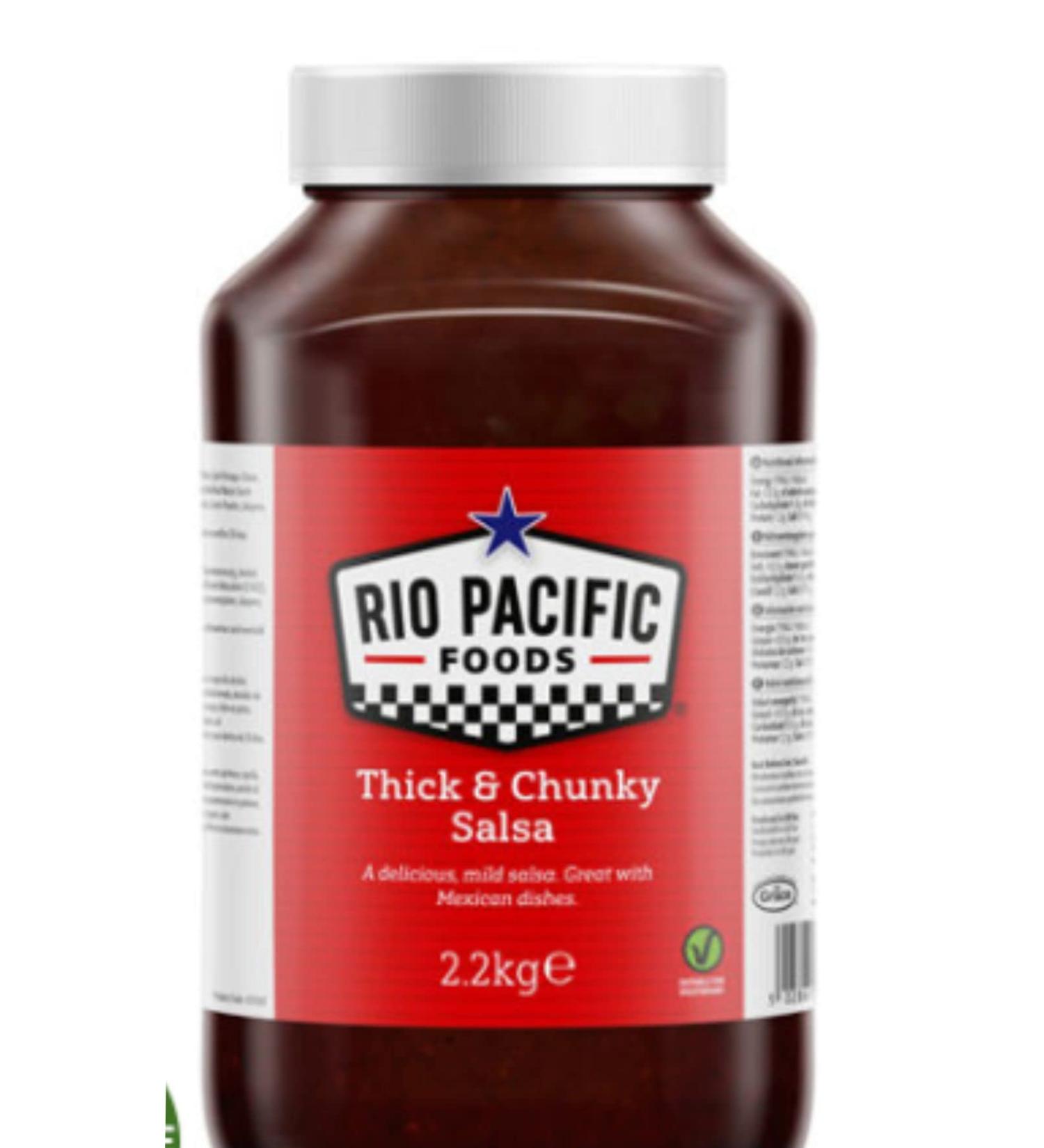 Thick & Chunky Salsa Dipping Sauce 2.2L Rio Pacific Restaurant Quality .Thick deep red chunky salsa with a glossy sheen. Visible Onion Dices with chunks of Tomato Red Pepper and flecks of Oregano.