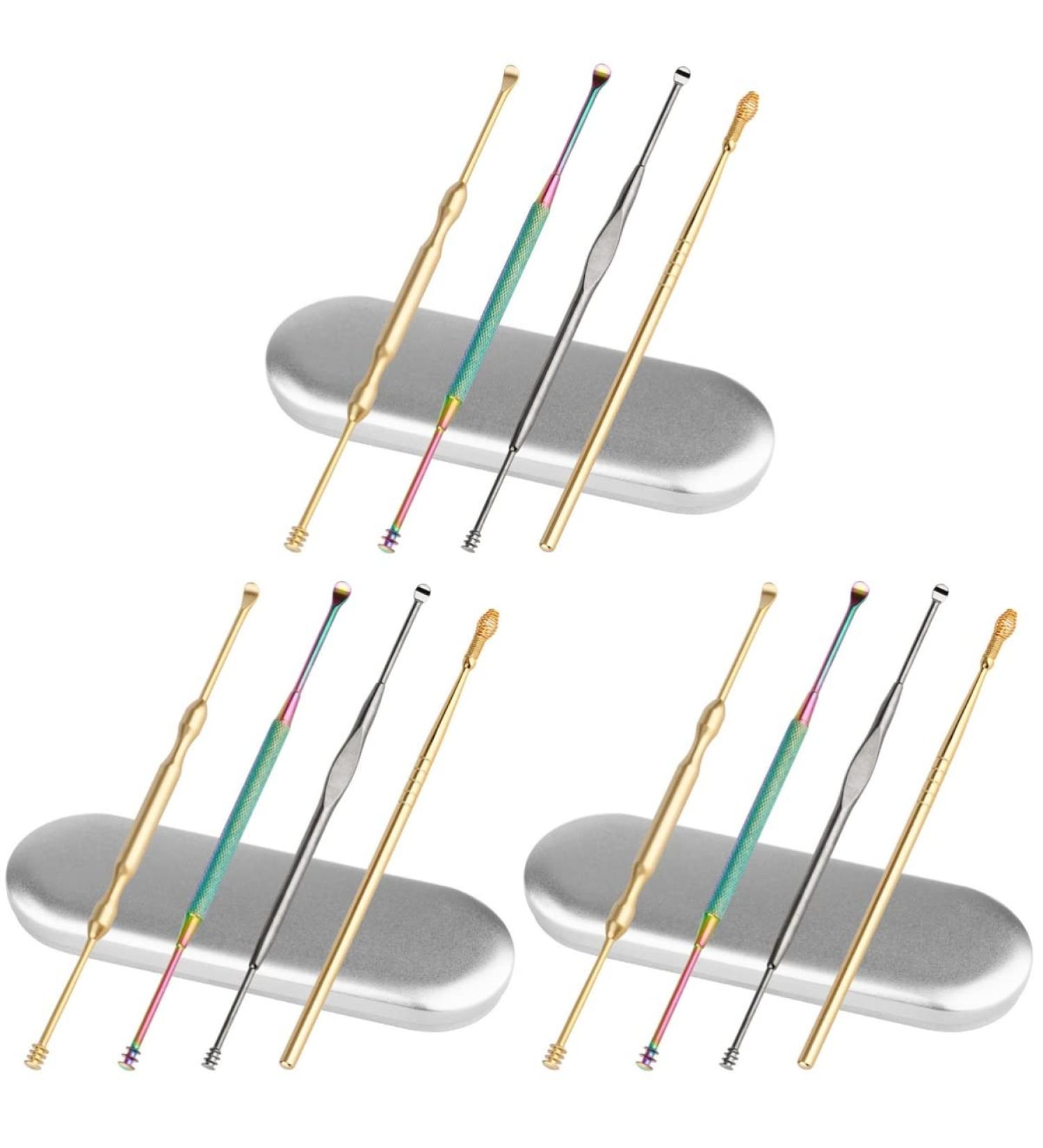 Stainless Steel Ear Cleaner Set - 4 Pcs Spiral Ear Picks for Earwax Removal - Assorted Colors - 12x0.5cm - 3 Sets - Buy Online on SooperMarket.com