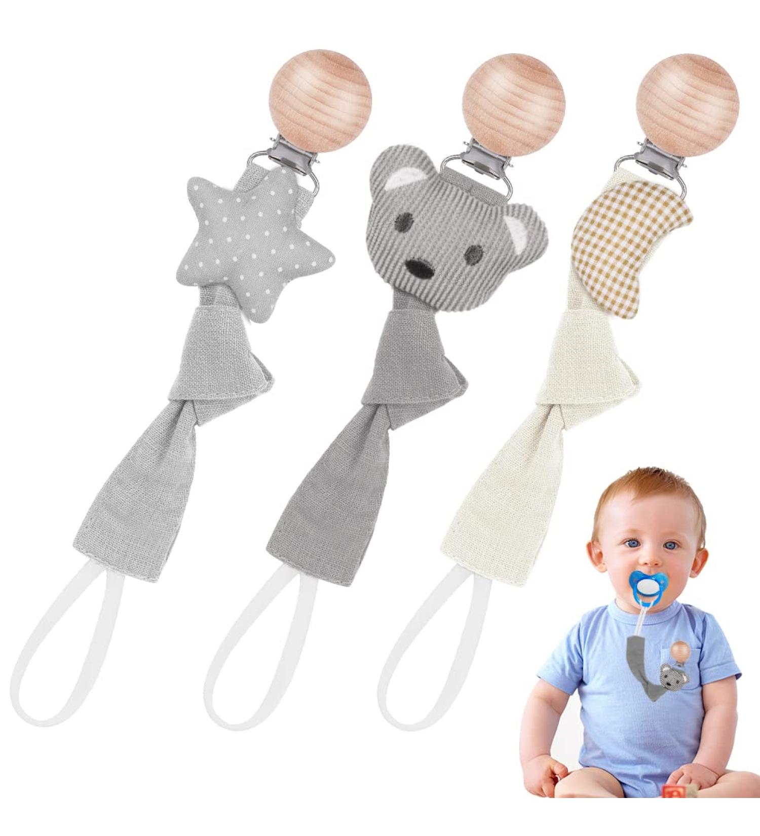 Vicloon 3 Pcs Baby Dummy Clips - Wooden Pacifier Chain Holder for Boys and Girls | Teether Toy Soother Clip in Gray/Beige - Buy Online on SooperMarket.com