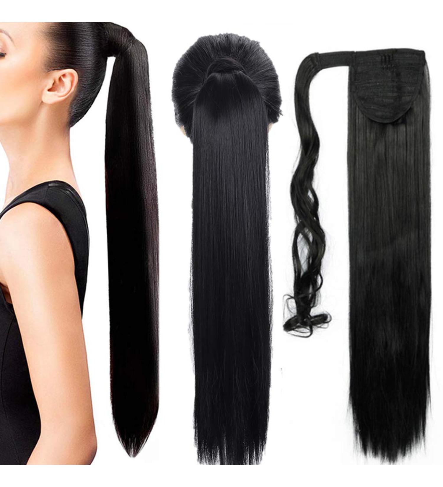 26" Long Straight Wrap around Ponytail Extensions Synthetic Clip in Ponytail Hair Extensions Hairpiece - Natural Black - Buy Online on SooperMarket.com
