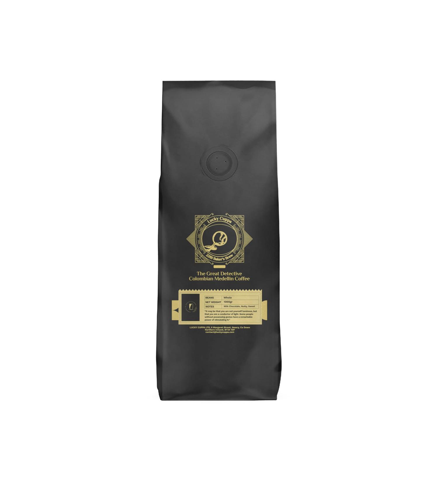 Lucky Cuppa's "221b Bakers Brew" Great Detective Colombian Medellin Light Roast Coffee - Colombian Coffee Beans - Quality Supremo Coffee - Sherlock Holmes Coffee Lover Gifts - 1kg - Buy Online on SooperMarket.com