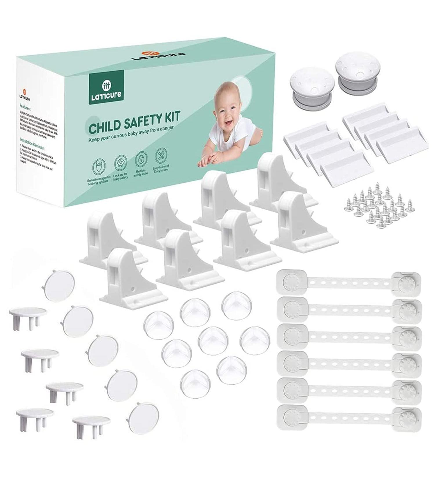 LATTCURE Baby Proofing Kit - 36 Pcs Safety Locks, Corner Protectors, Straps, Socket Covers - White - Buy Online on SooperMarket.com