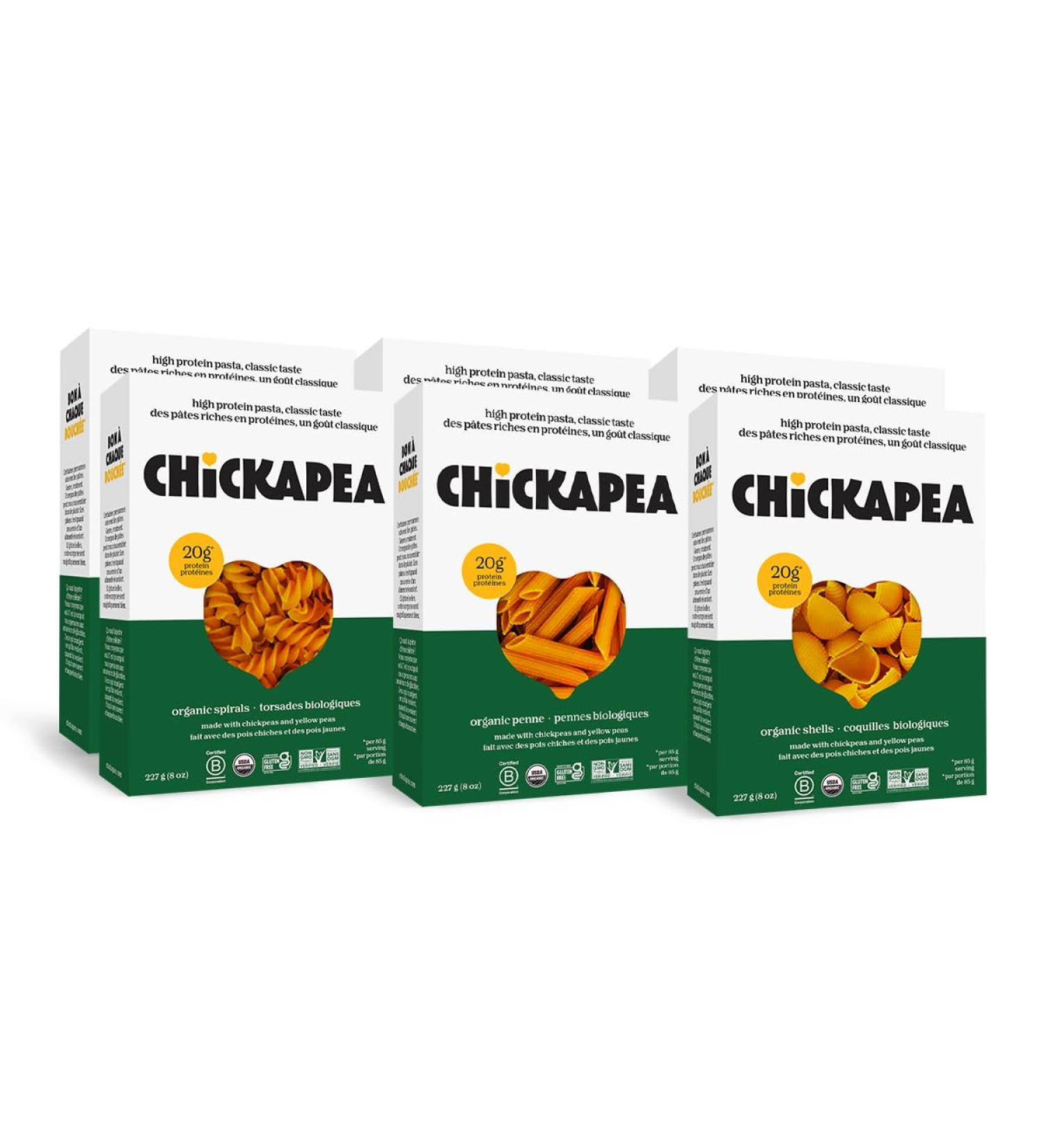 Chickapea Organic Chickpea Pasta - Spirals Penne Shells Variety Pack - 227g (Pack of 6) - Buy Online on SooperMarket.com