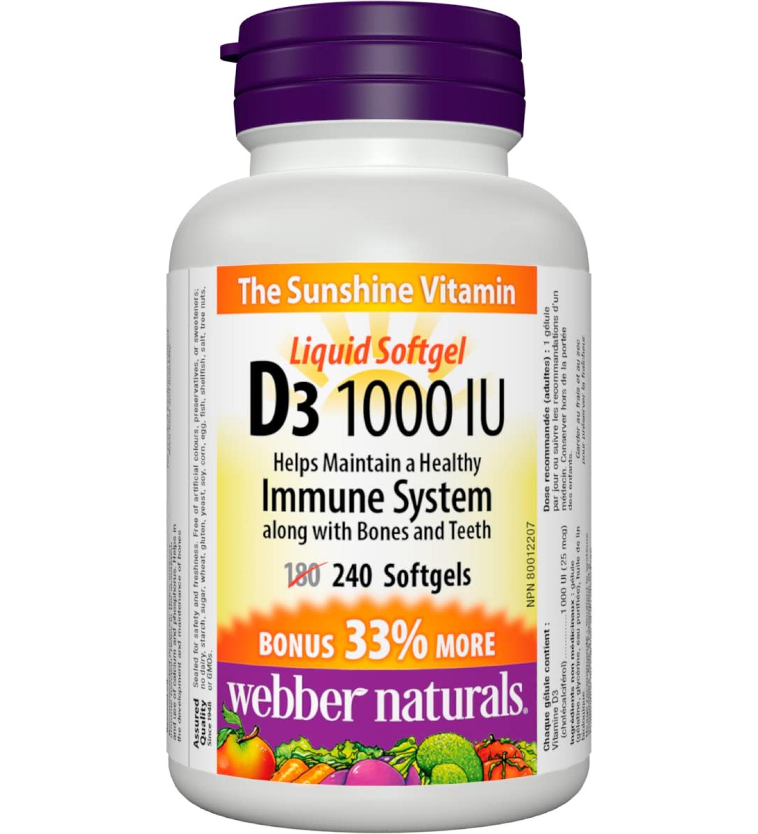 Webber Naturals Vitamin D3 1000 IU 240 Softgels For Healthy Bones Teeth and the Maintenance of Good Health 240 count (Pack of 1) - Buy Online on SooperMarket.com