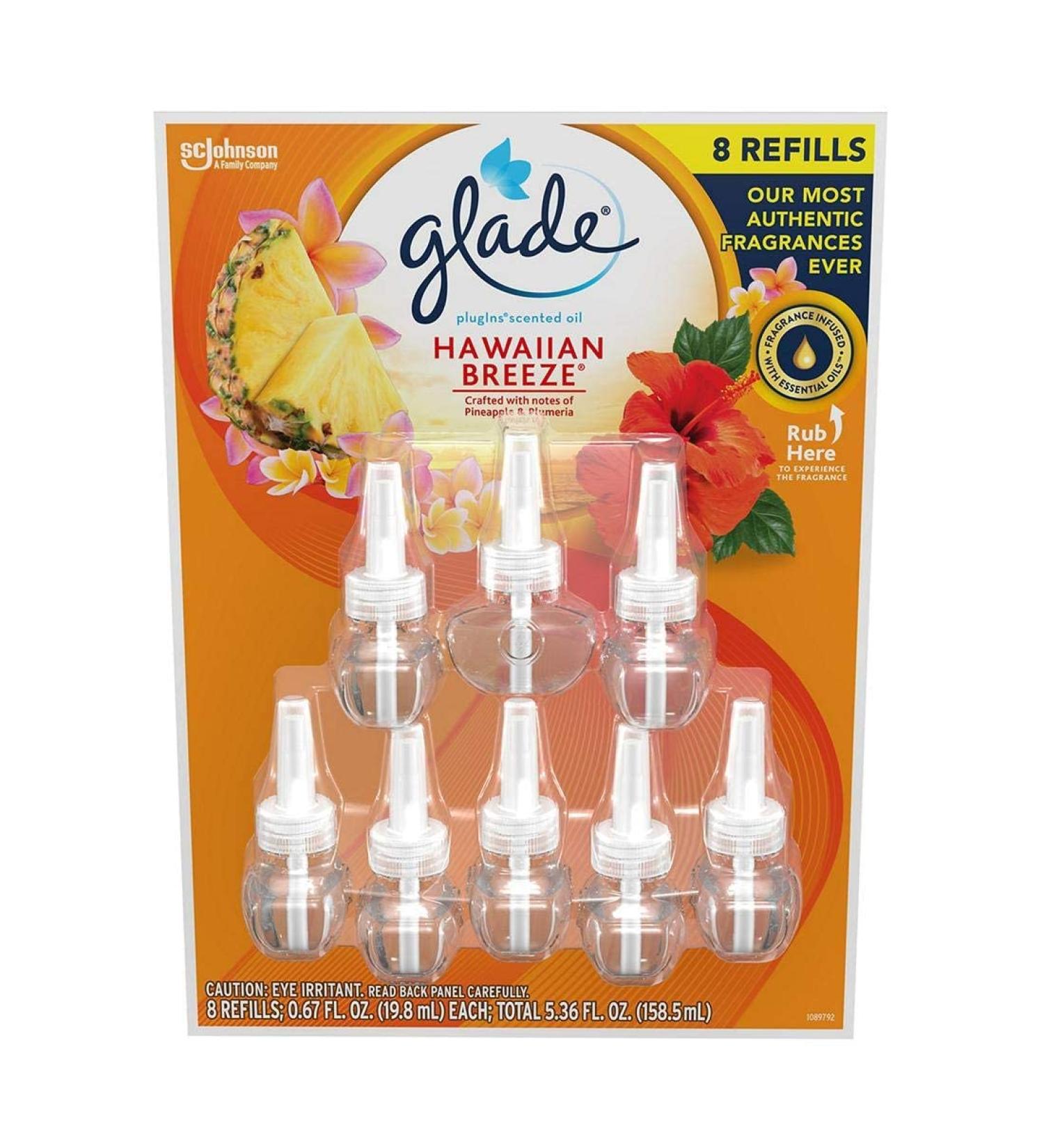 Glade Hawaiin Limited Edition PlugIns Scented Oils Refills 25% More 8 Ct-Hawaiian Breeze, 8 Count (Pack of 1), Yellow, 5 Fl Oz