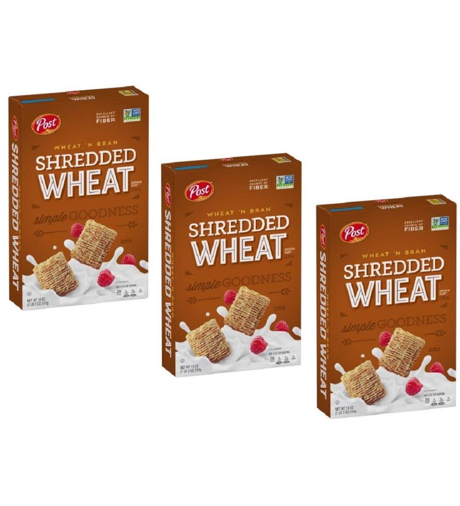 Pack of 3 - Post Shredded Wheat Spoon Size Wheat'n Bran Cereal 18 oz. Box