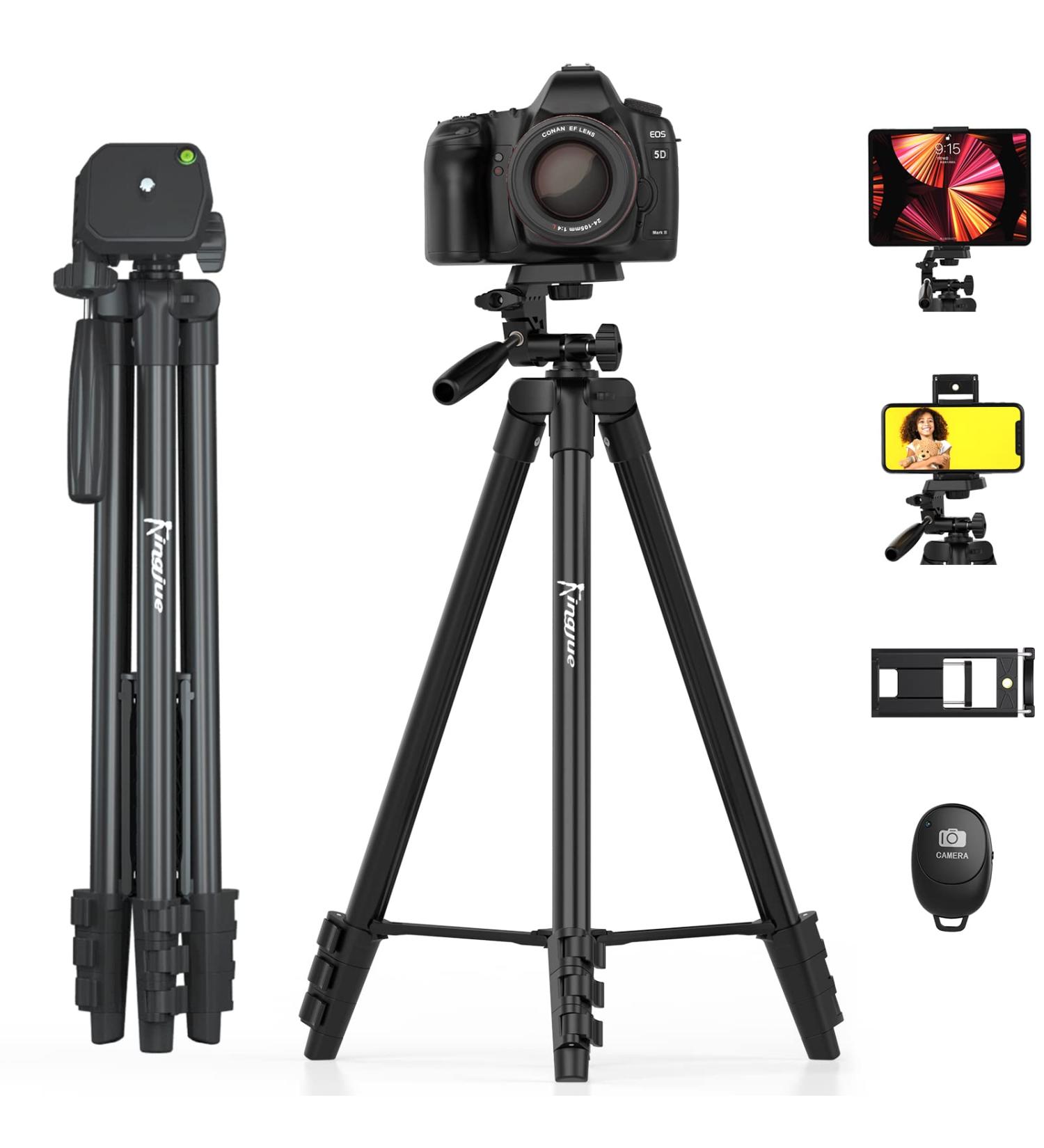 KINGJUE 60'' Camera Phone Tripod Stand for Canon Nikon DSLR | Universal Tablet Phone Holder, Remote, Bubble Level, Carry Bag | Max Load 6.6LB - Buy Online on SooperMarket.com