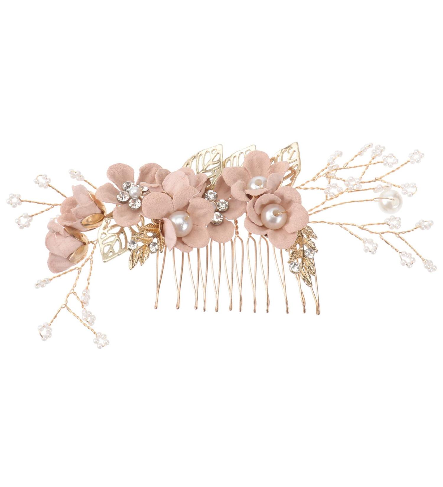 Minkissy Pearl Crystal Wedding Hair Comb - Pink Rhinestone Flower Bridal Hair Accessories - Buy Online on SooperMarket.com