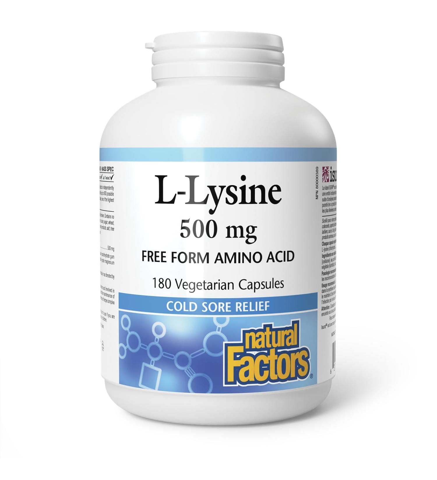 Natural Factors L-Lysine 500mg 180 vegetarian capsules Helps Reduce the Recurrence Severity and Healing Time of Cold Sores - Buy Online on SooperMarket.com