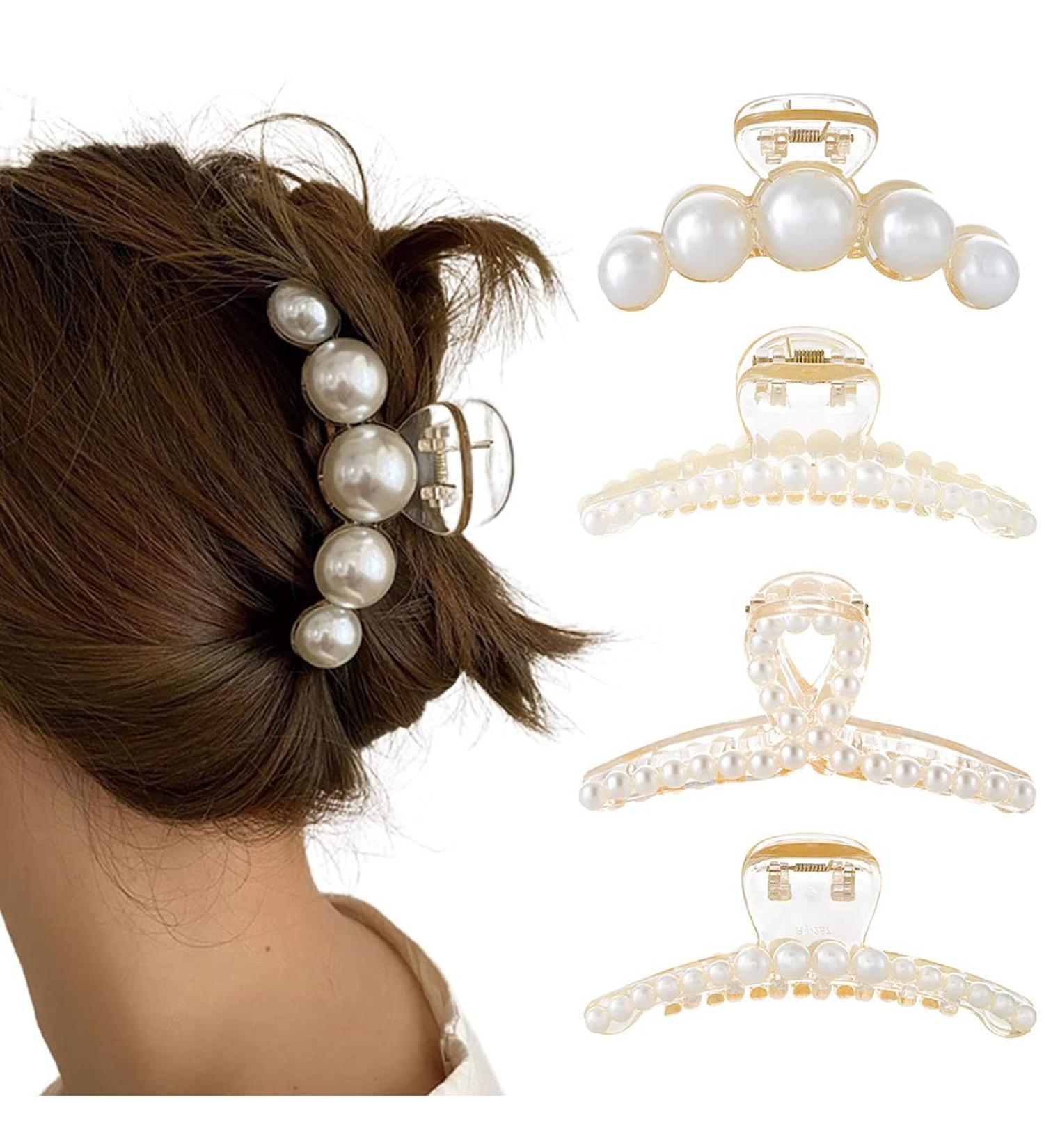 Set of 4 Pearl Hair Claw Clips - Fancy Acrylic Barrettes for Thick Curly Hair - Buy Online on SooperMarket.com