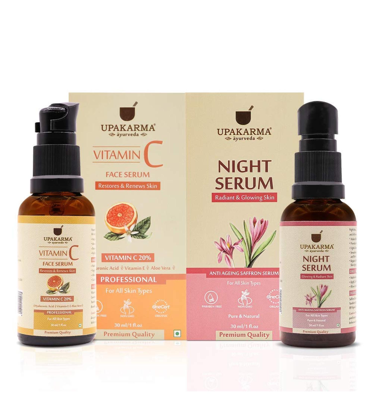 UPAKARMA Vitamin C Face Serum & Night Serum with Saffron 30ML - Hydrate & Renew Skin with Hyaluronic Acid Vitamin E & Aloe Vera - Pack of 2 Ultimate Combo - Buy Online on SooperMarket.com