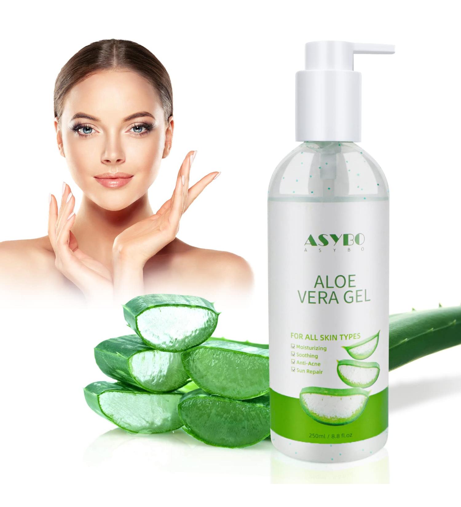 ASYBO Aloe Vera Gel 250ml - 100% Natural Pure Hydrating Moisturizer for Face, Soothing and Moisturizing, After Sun Care, Reduce Acne, Repair Scars - Ideal for All Skin Types - Buy Online on SooperMarket.com