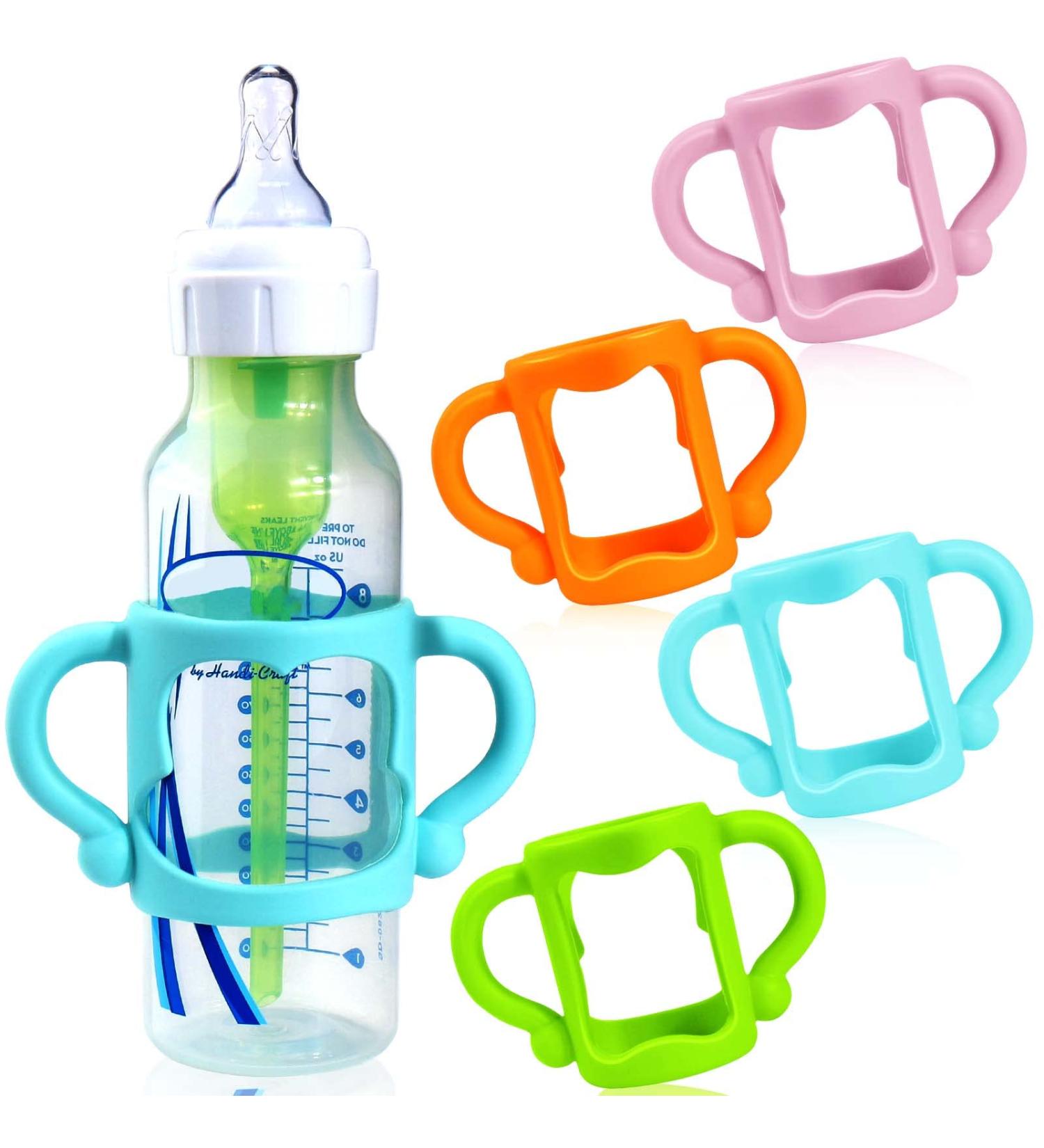 4-Pack Soft Silicone Bottle Handles for Dr Brown Narrow Baby Bottles - BPA Free - Easy Grip - Teach Babies to Drink Independently - Pink Orange Blue Green - Buy Online on SooperMarket.com
