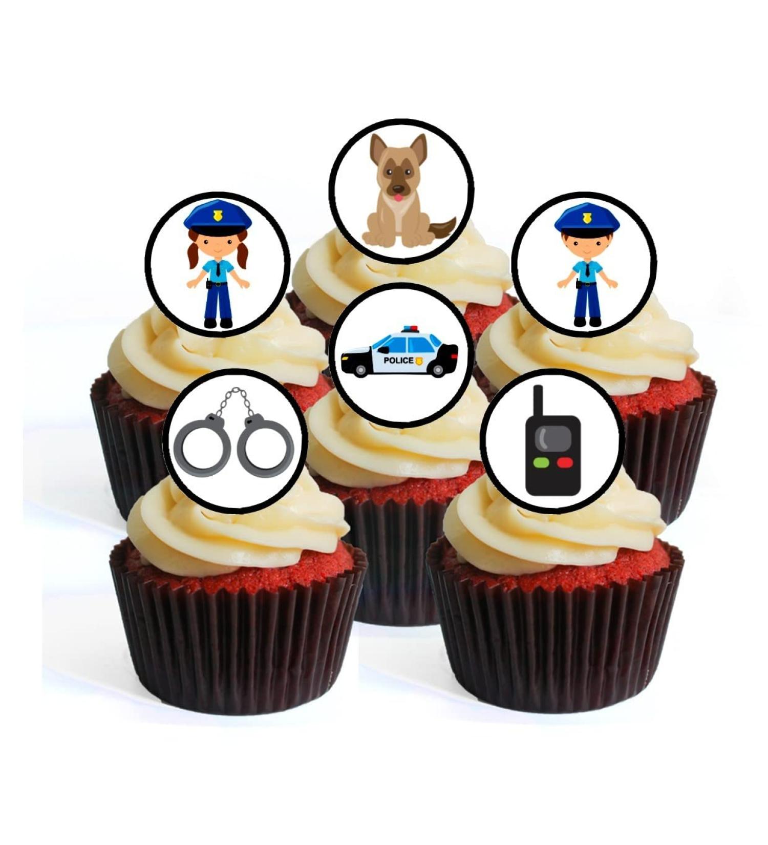 PRECUT Police Edible Cupcake Toppers Sheriff Theme Emergency Services Edible Cupcake Decorations - Stand Up Disc Wafer Cake Decorations (Pack of 12)