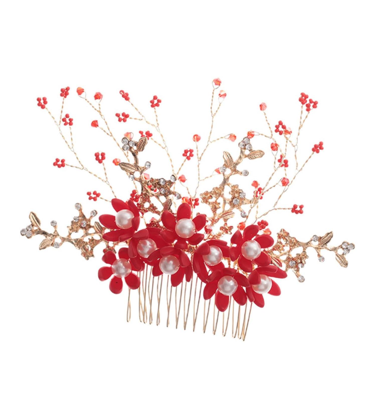 HAPINARY Handmade Comb Hair Insert Comb Bridal Headpiece Flower Hair Combs Wedding Side Comb Wedding Hair Combs Pearl Comb Clip Crystal Headpiece Tiara Red Hanfu Bride Headgear - Buy Online on SooperMarket.com
