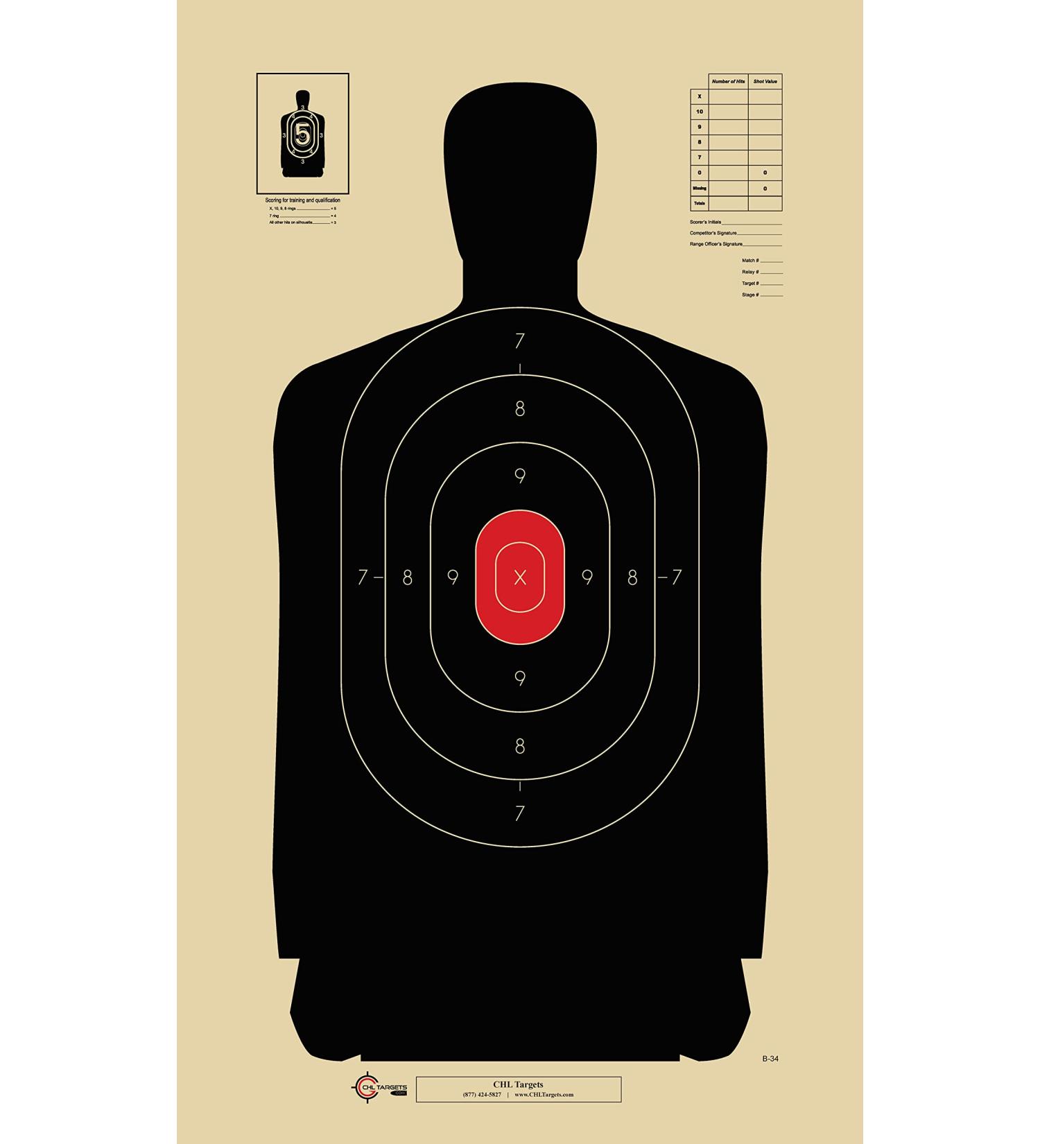 Official B-34 Target, 25 Yard Police Pistol Silhouette Target, Reduced from 50 Yard B-27 Red 100