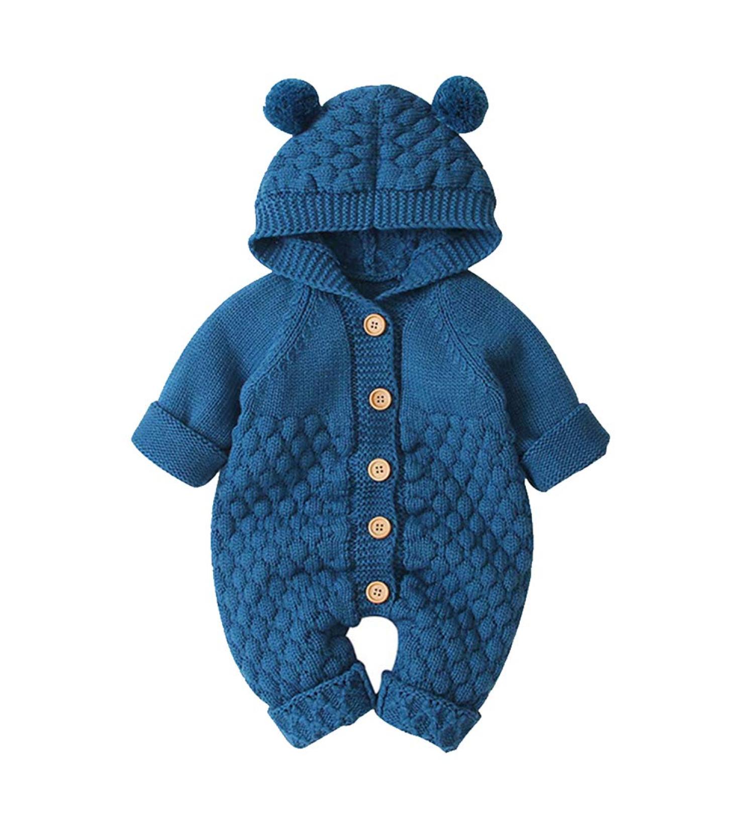 Baby Knitted Hooded Romper Bodysuit | Long Sleeve Jumpsuit 12-18 Months | Blue-Hairball Design - Buy Online on SooperMarket.com