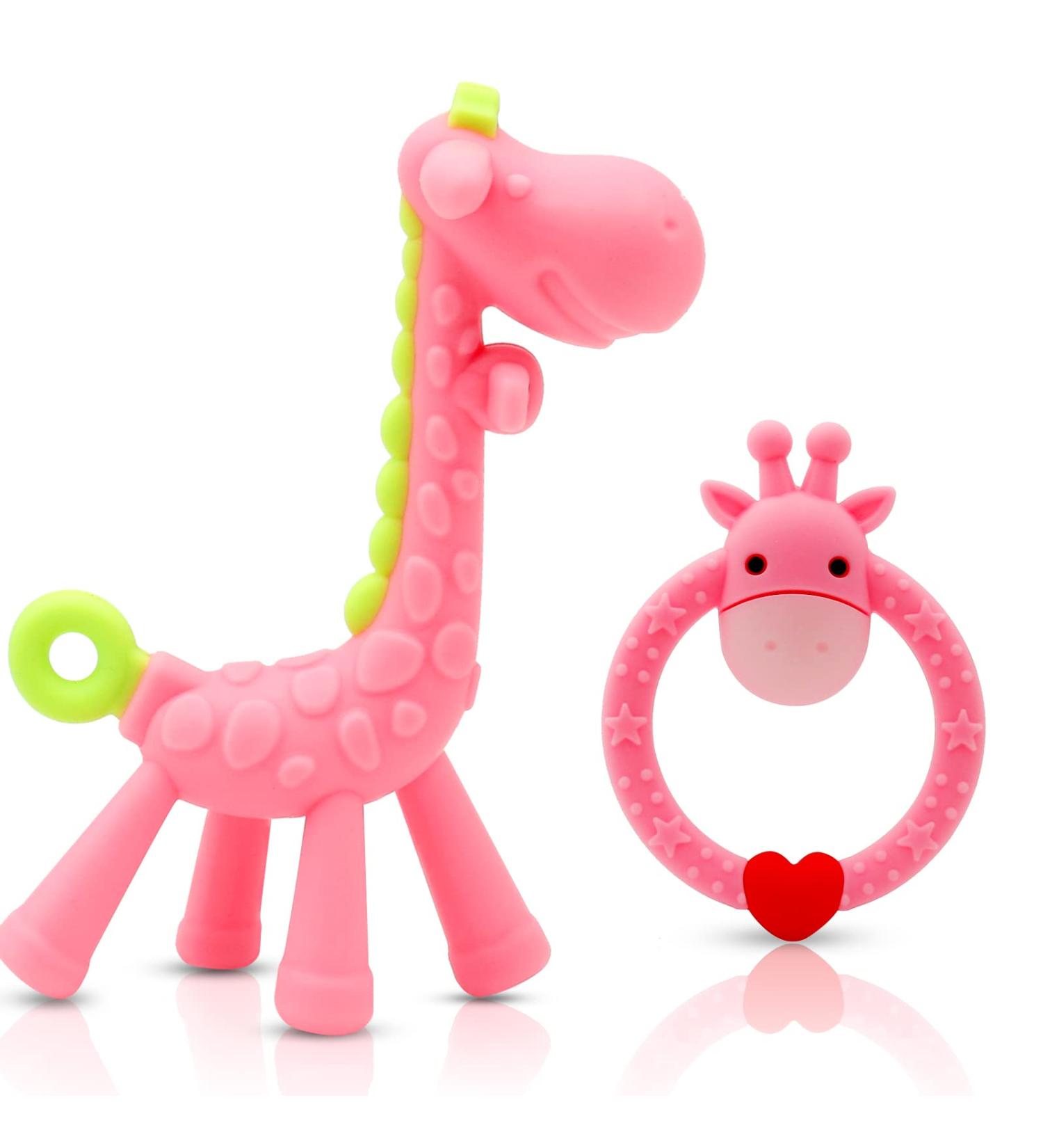 Soothing Giraffe Silicone Baby Teether Toy - Easy to Hold & Clean, Pain Relief for Infant Sore Gums (Pink) - 3 Months - Buy Online on SooperMarket.com
