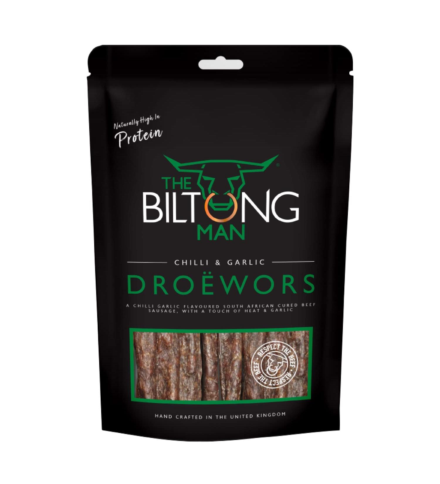 Biltong Man Chilli Garlic Droewors Sticks | 500g | High Protein Beef Snack | Keto-friendly South African Sausage - Buy Online on SooperMarket.com