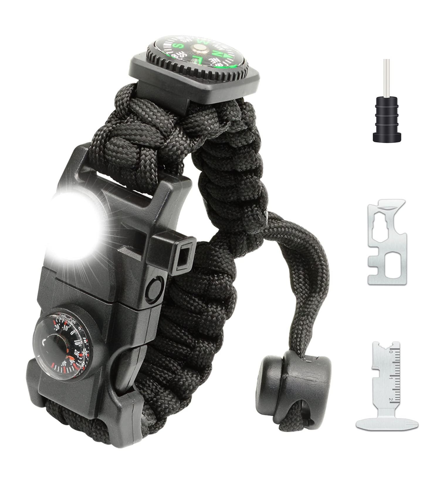 NVioAsport 20-in-1 Survival Paracord Bracelet with SOS LED Light, Fire Starter, Compass, Whistle Ideal for Camping, Hiking, Fishing | Adjustable Gear Kit in Black - Buy Online on SooperMarket.com