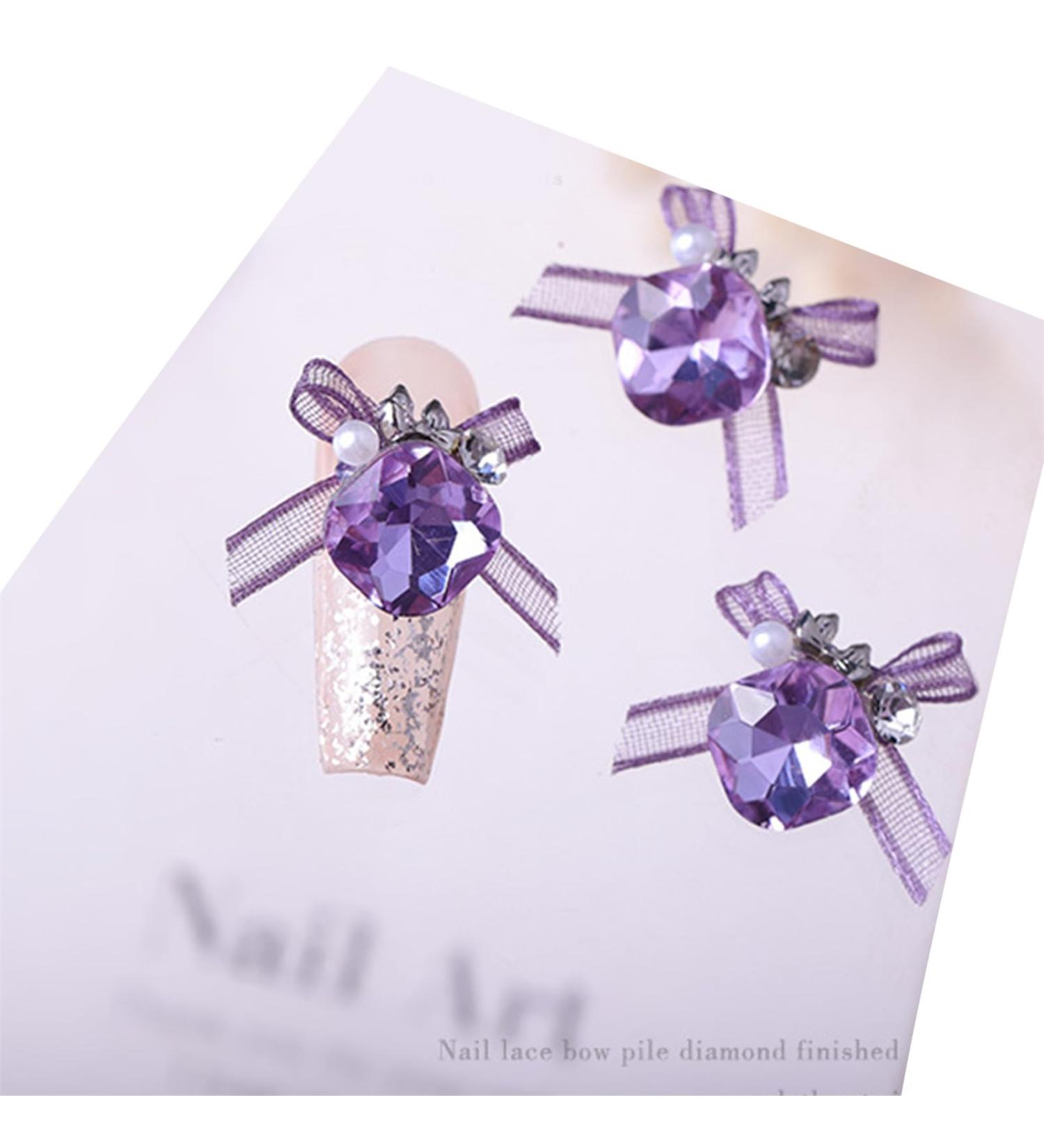 3pcs Nail Art With Rhinestones Organza Bowknot Fingernail Decoration For Salon Home Use Nail Accessories Kit crystal purple - Buy Online on SooperMarket.com