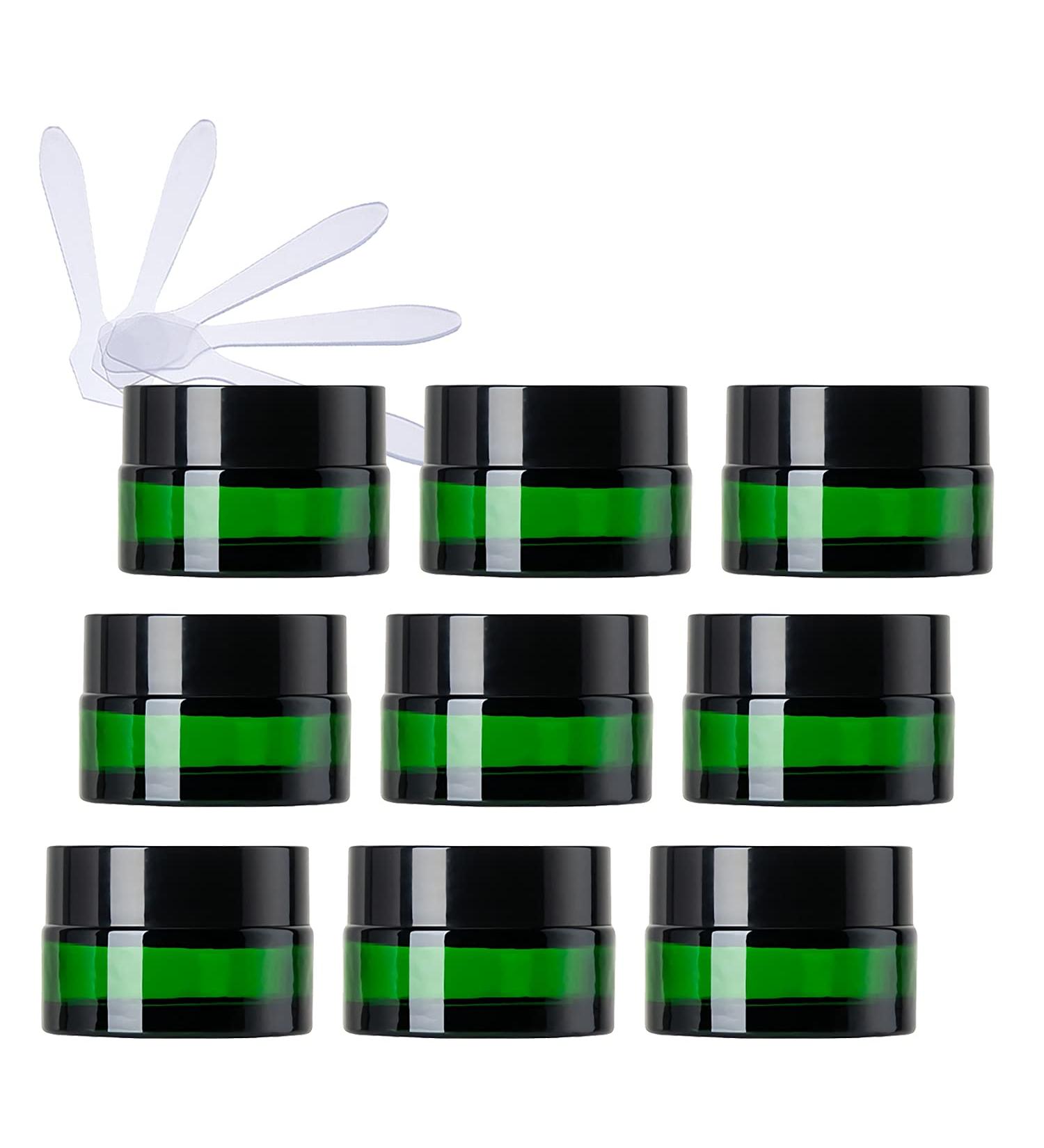 Zeoabsy 12-Piece 20ml Green Glass Cream Jar Set with Black Screw Caps & Spatulas | Ideal for Gels & Creams - International Shipping Available - Buy Online on SooperMarket.com