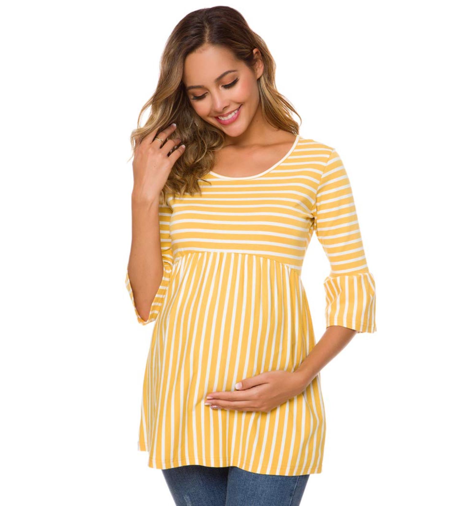 Love2Mi Women Maternity Blouse XL Yellow Stripe A Line Pregnancy Shirt with 3/4 Bell Sleeves - Buy Online on SooperMarket.com